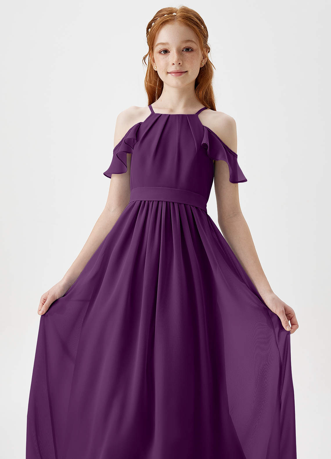 Azazie Chaya Junior Blushing Pink A-Line Off the Shoulder Chiffon Dress image1