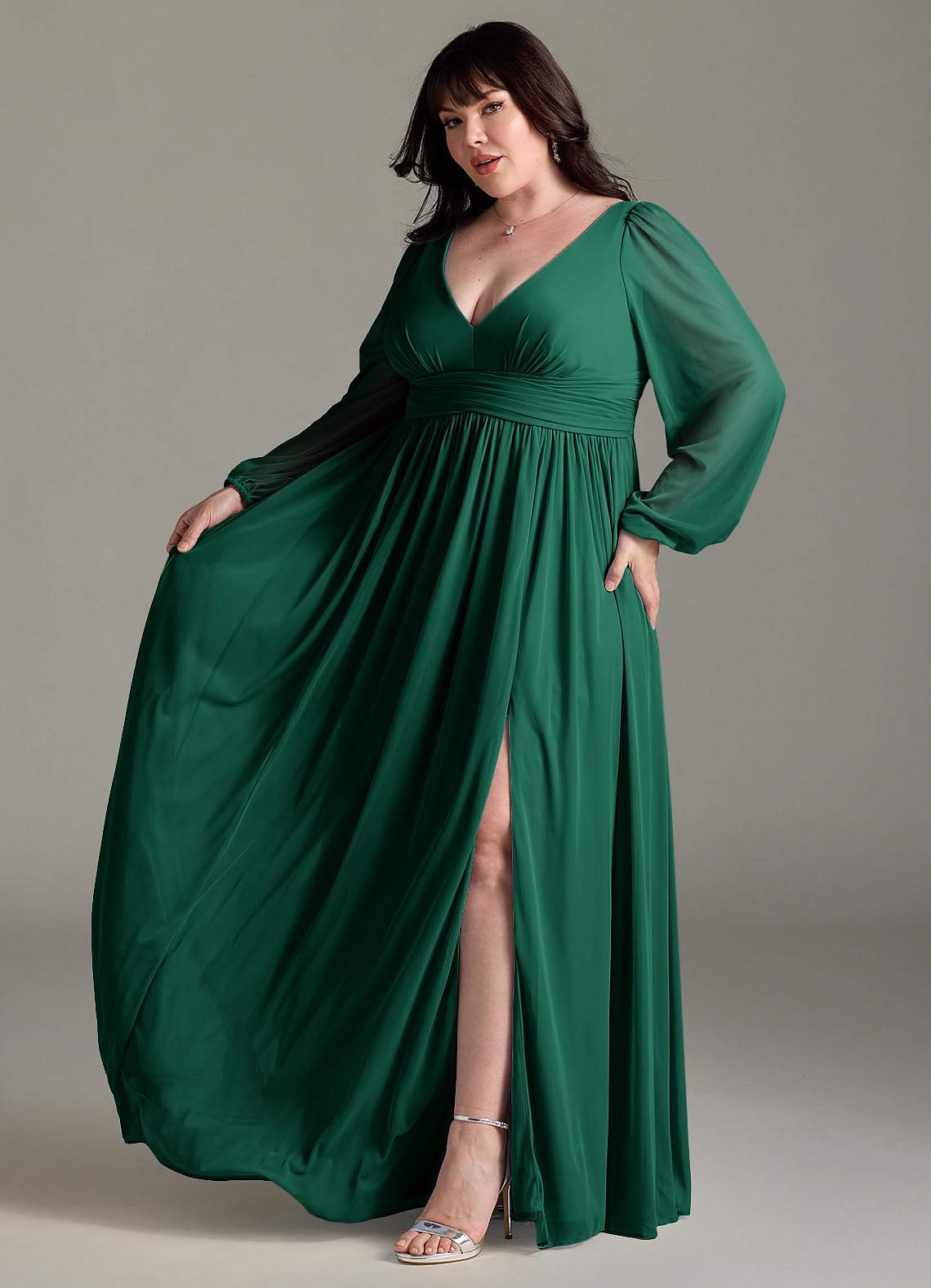 Azazie Norah At-home Try On Dresses Emerald A-Line V-Neck Long Sleeve Chiffon Dress image9