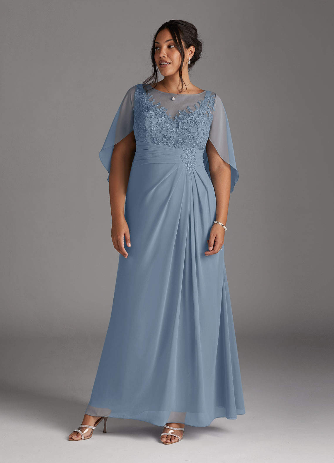 Azazie Hera Mother of the Bride Dresses Dusty Blue A-Line Lace Capelet Chiffon Dress image7