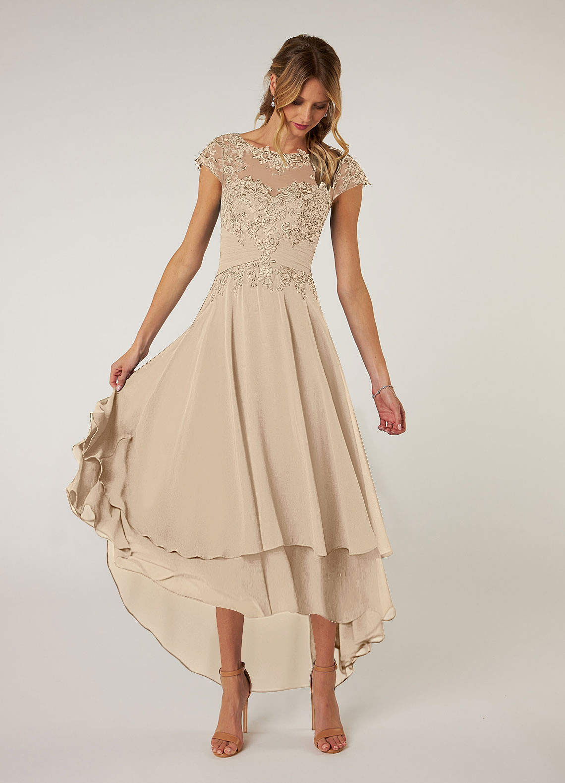 Champagne Azazie Shonda Boatneck Pleated Lace Chiffon Asymmetrical ...