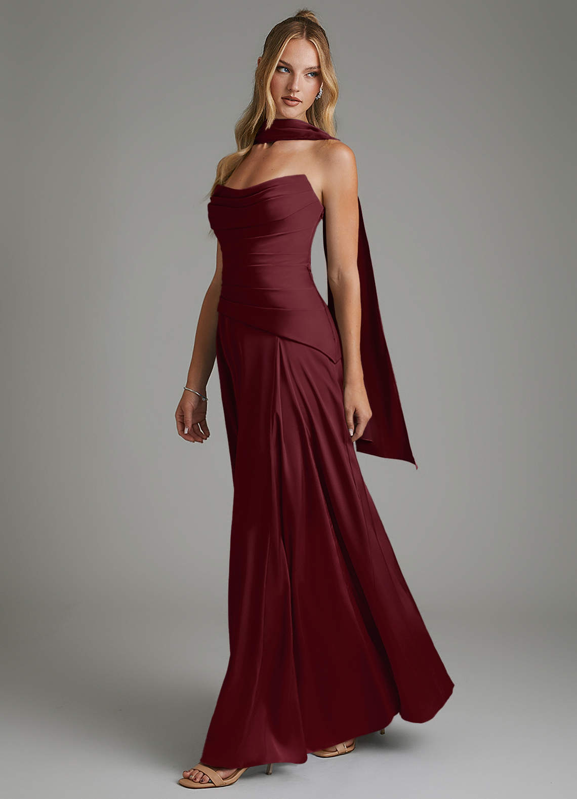 Azazie Gabriela Bridesmaid Dresses Cabernet A-Line Corset Stretch Satin Dress image5