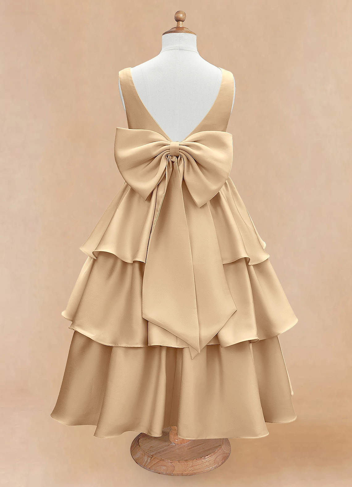 Azazie Margie Flower Girl Dresses Champagne A-Line Bow Stretch Satin Dress image4