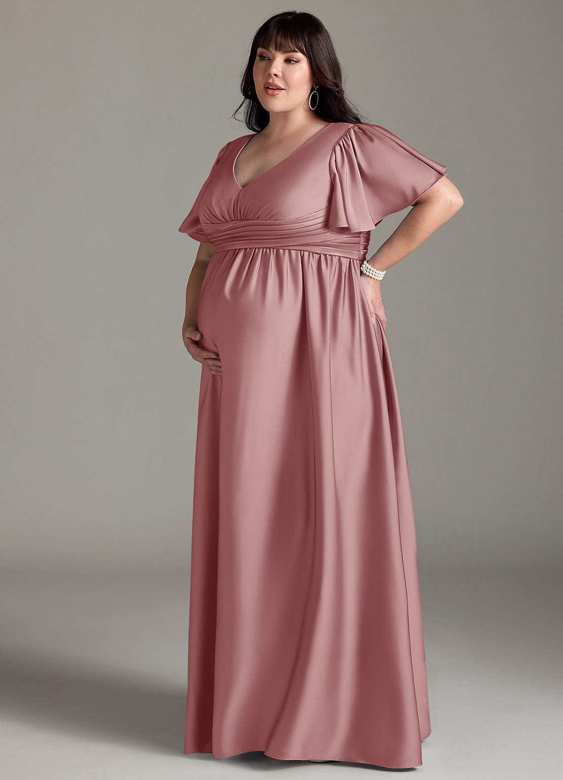 Azazie Verna vestidos de dama de honor de maternidad Vestido de Corte en A Volante Hasta el suelo Satén Elástico image13