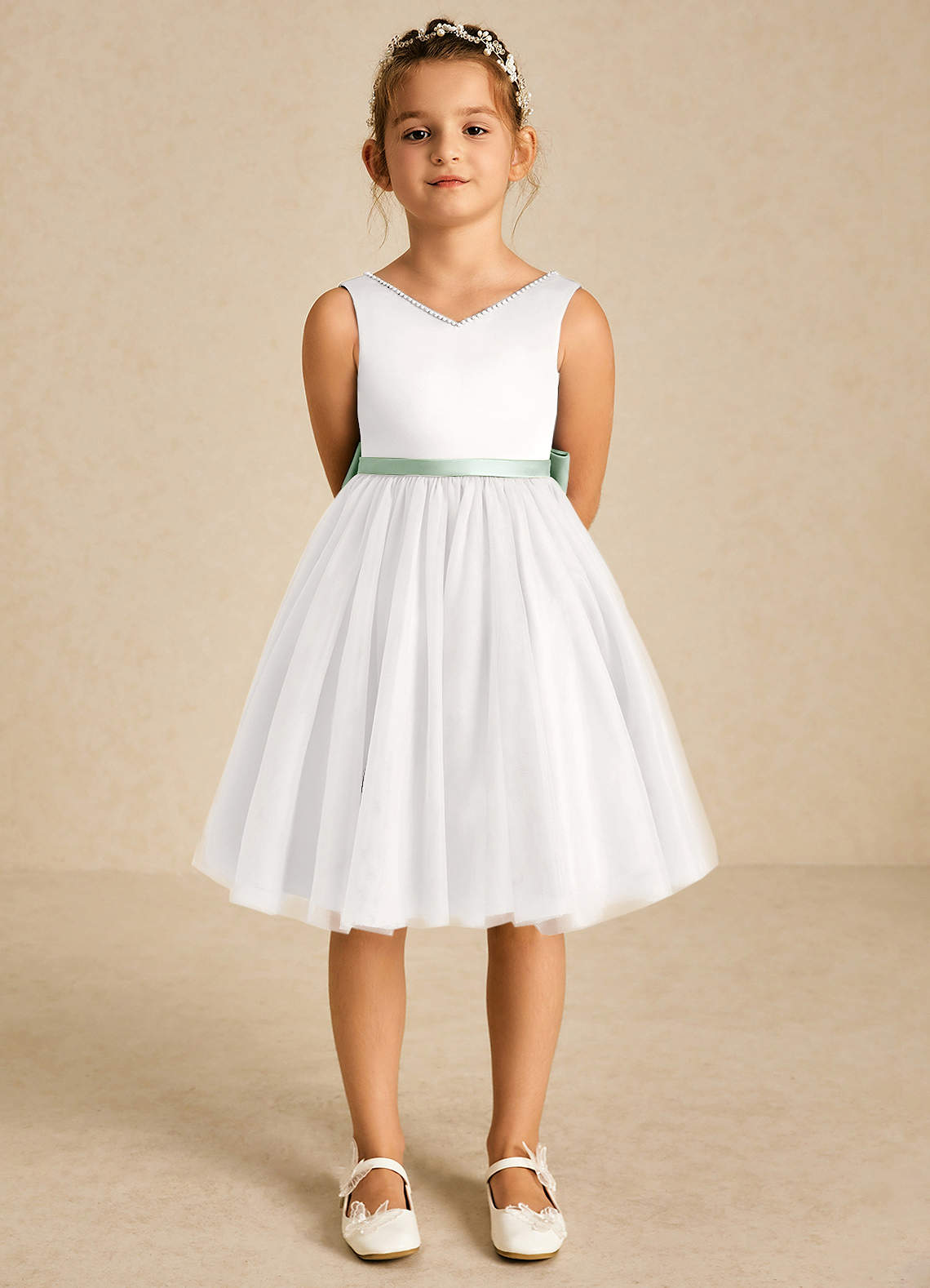 Azazie Seline Flower Girl Dresses Ivory Agave A-Line Bow Tulle Dress image1