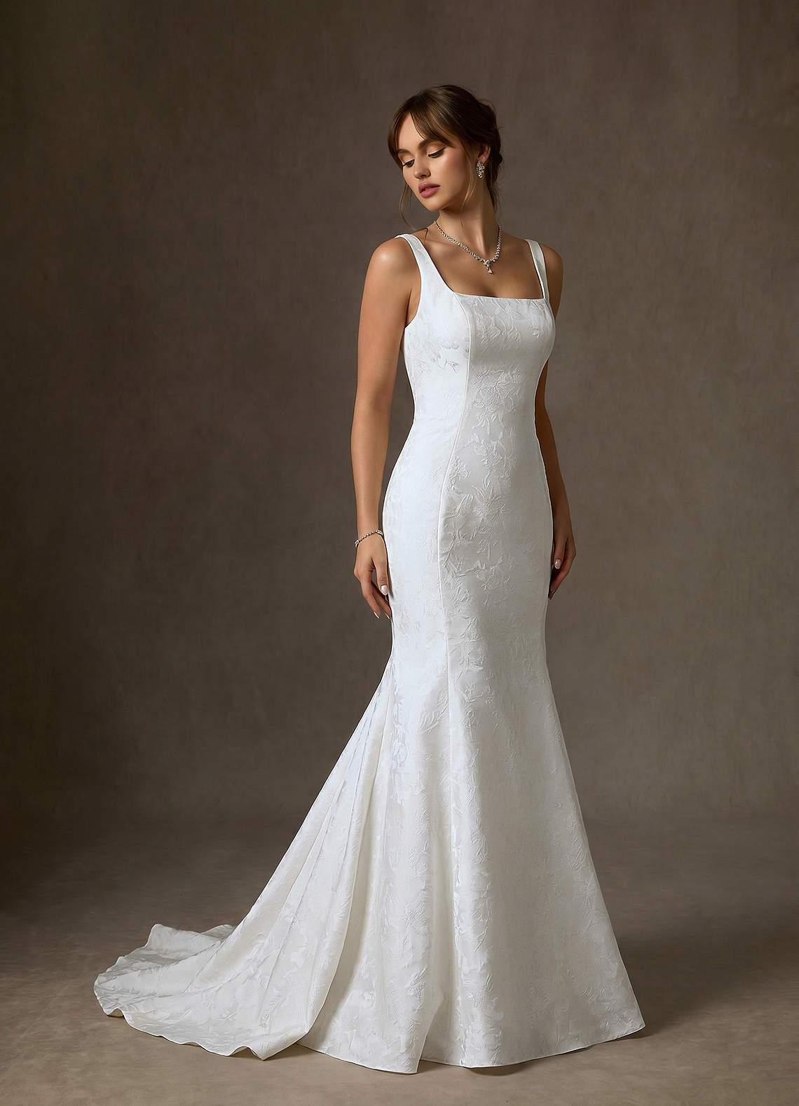 Azazie Quinn Wedding Dresses Diamond White Mermaid Square Neckline Floral Jacquard Dress image3