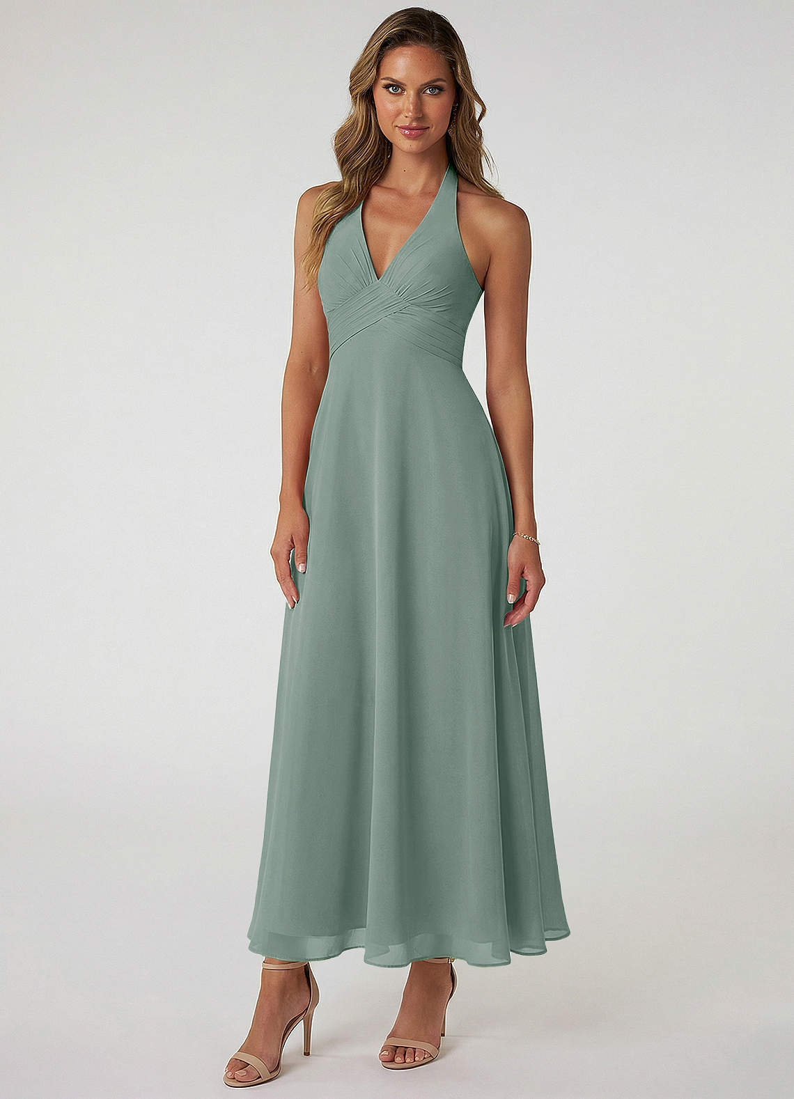 sage green tea length bridesmaid dresses Azazie Tessie global-split-No Split
