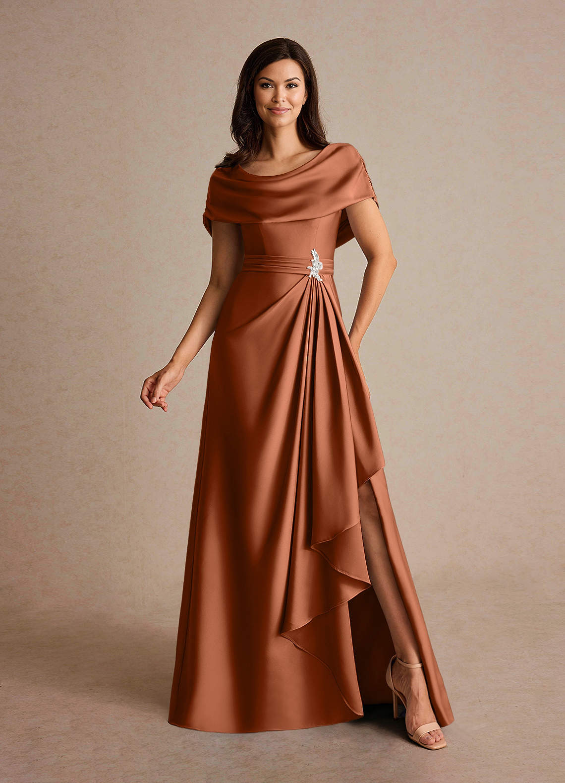 Azazie Branford At-home Try On Dresses Copper A-Line Pleated Stretch Satin Dress image1