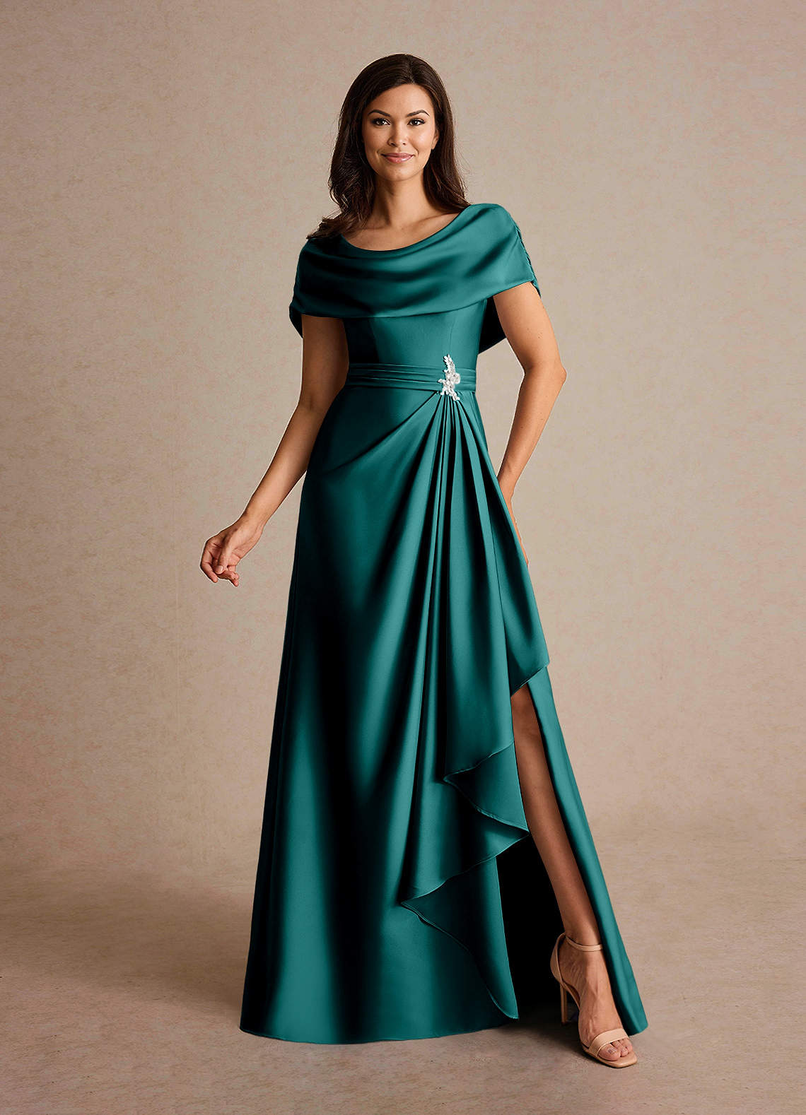 Azazie Branford Mother of the Bride Dresses Peacock A-Line Pleated Stretch Satin Dress image1