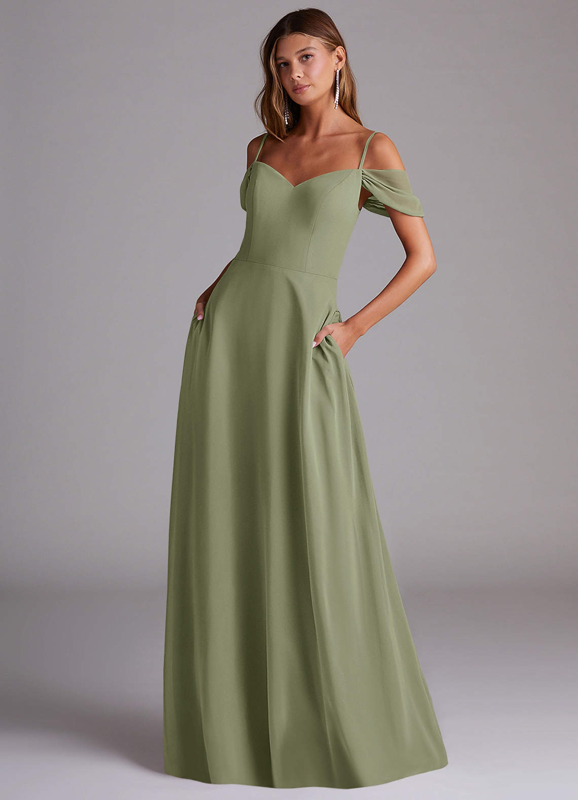 Azazie A-Line/Princess Off The Shoulder Floor-Length Chiffon Bridesmaid Dresses - Pistachio