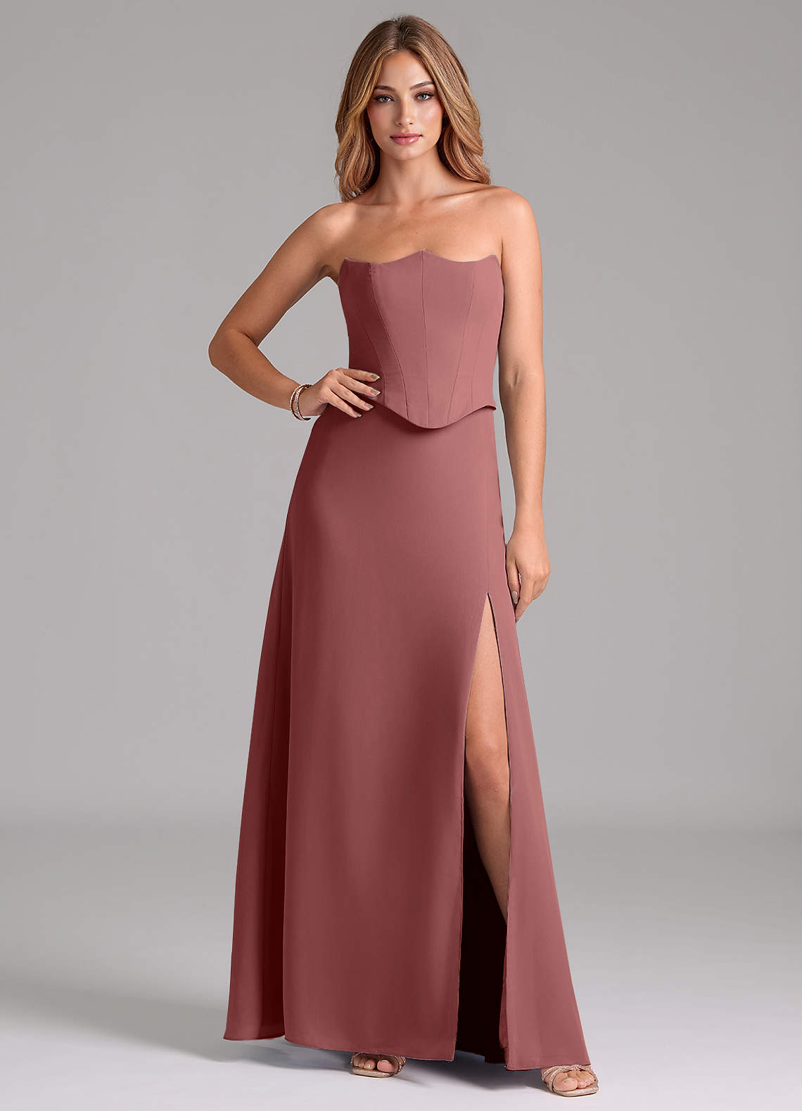 Azazie Jenilyn Vestidos de damas de honor Vestido de Amatista de Gasa de Corte en A con Sin tirantes image1