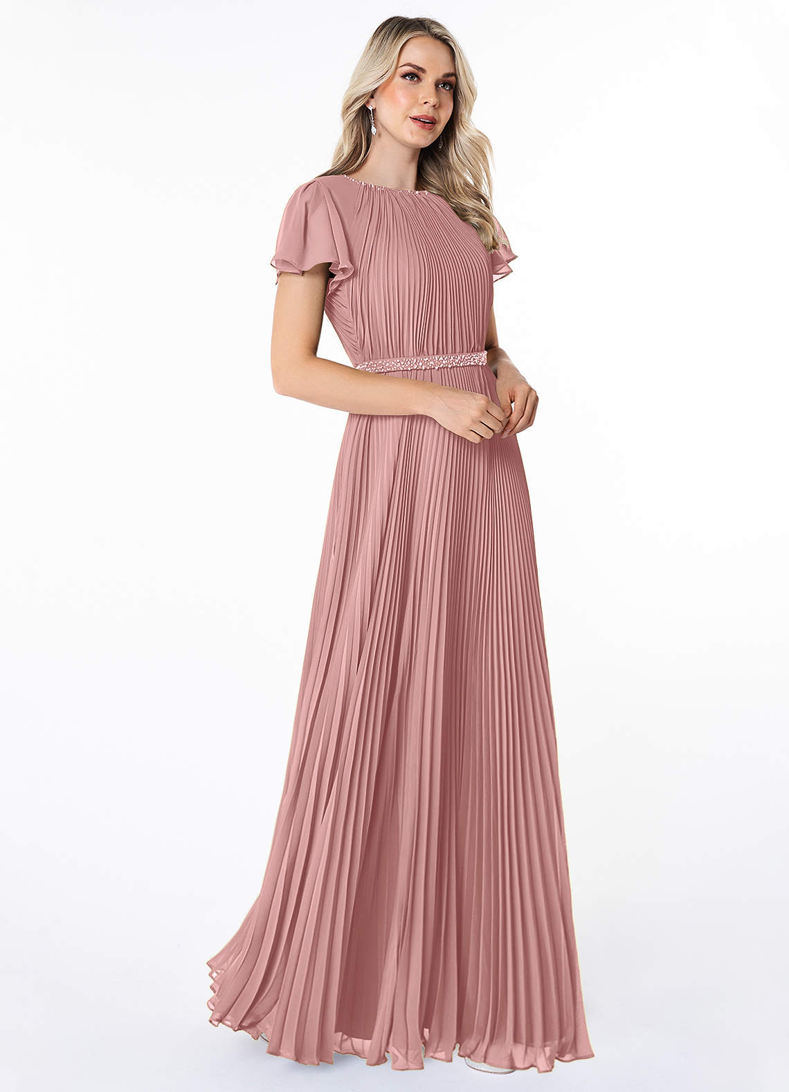 Azazie Kara Modest Bridesmaid Dresses A-Line Pleated Chiffon Floor-Length Dress image2