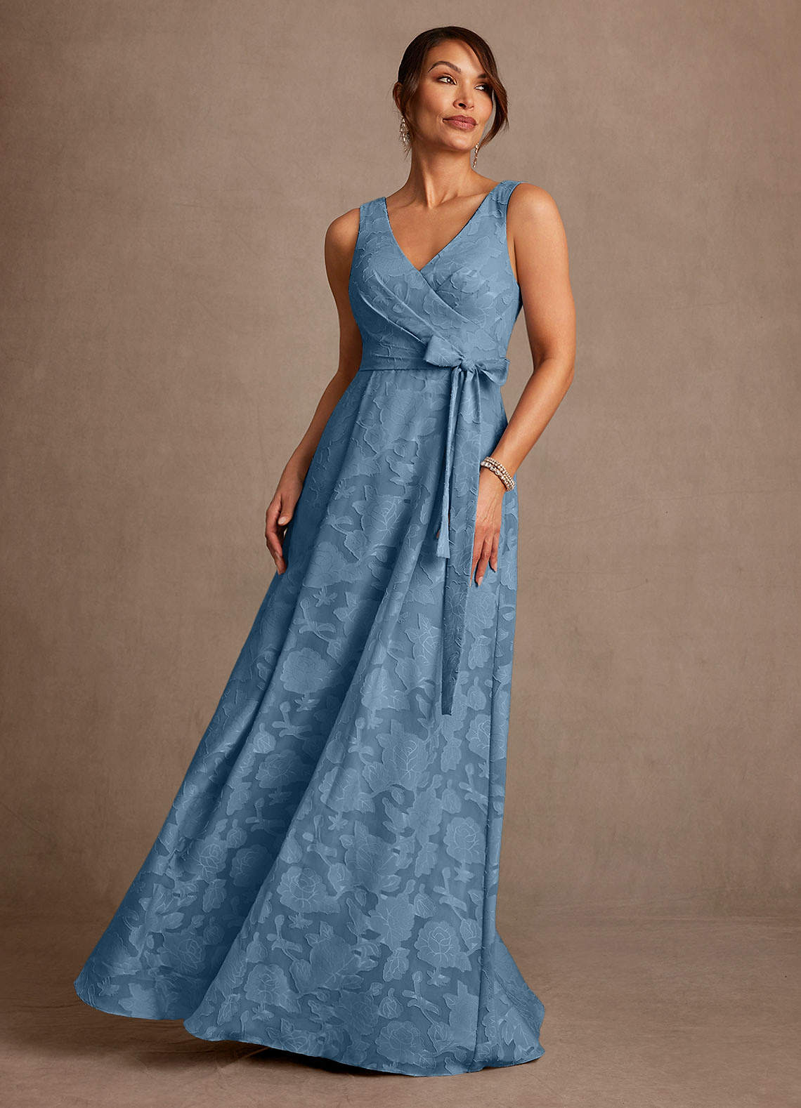 elegant floral mother of the bride dresses A-Line Tea-Length Jacquard Wedding Guest Mother of the Bride Dress COCOMELODY CM0417, Light Blue Floral main image 0