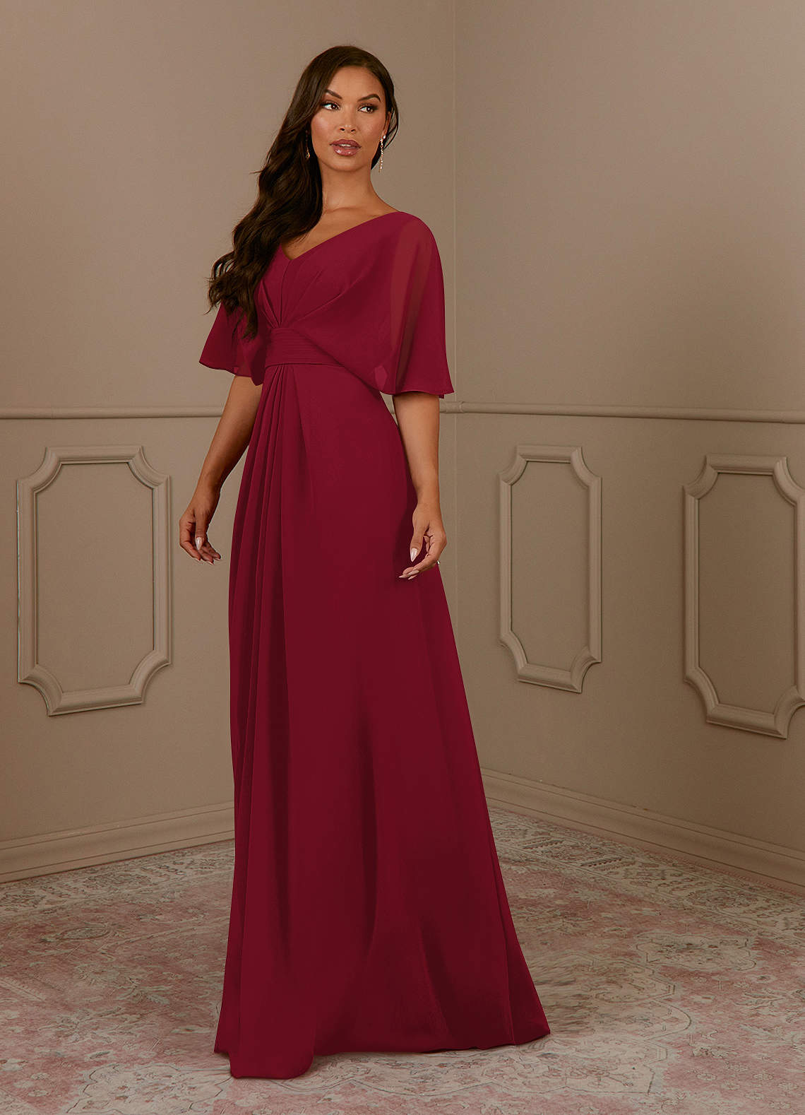 Azazie Oksana Mother of the Bride Dresses Burgundy A-Line V-Neck Pleated Chiffon Dress image1