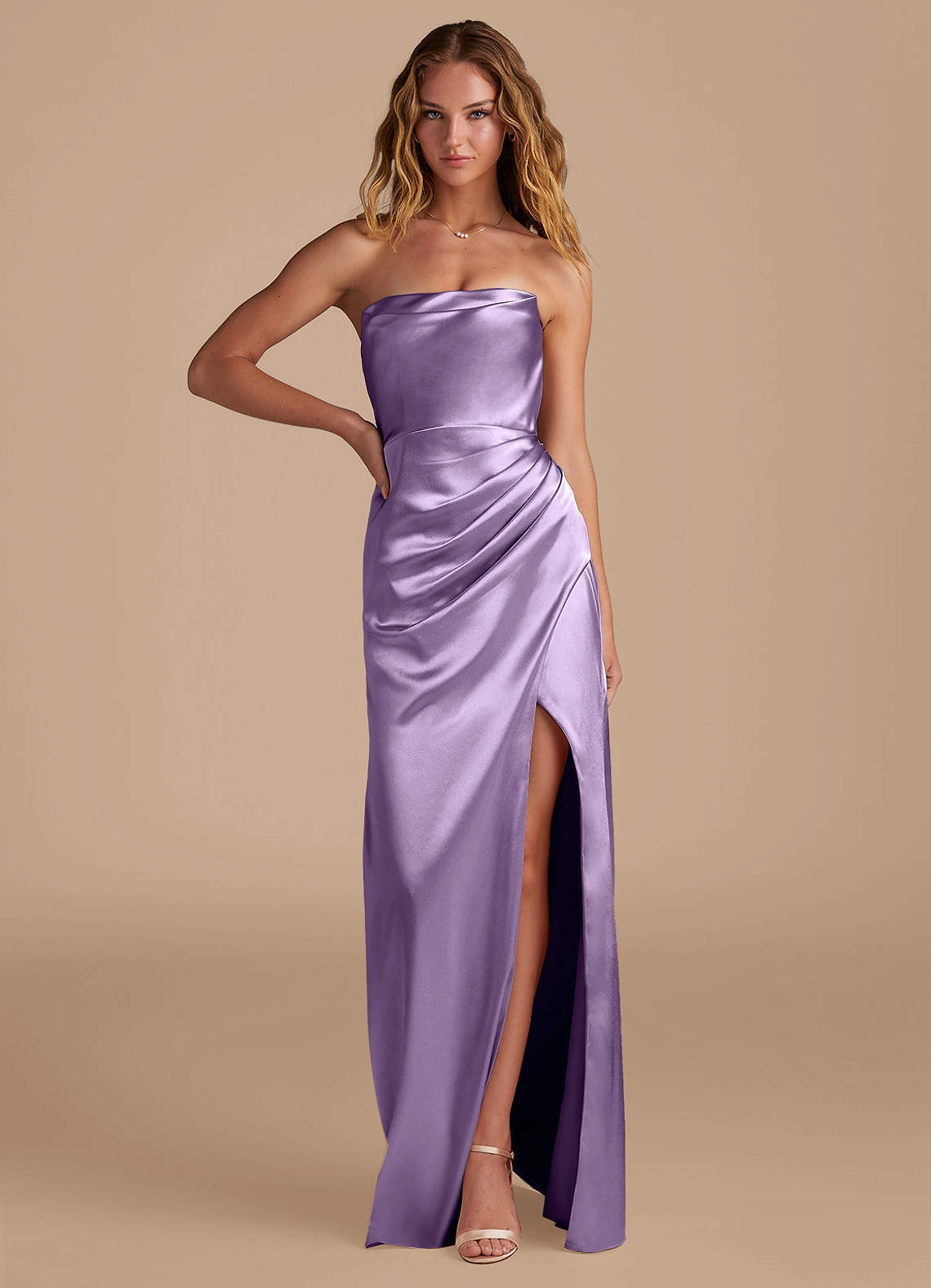Azazie Leonis Bridesmaid Dresses Lilac Mermaid Pleated Metallic Satin Convertible Dress image1