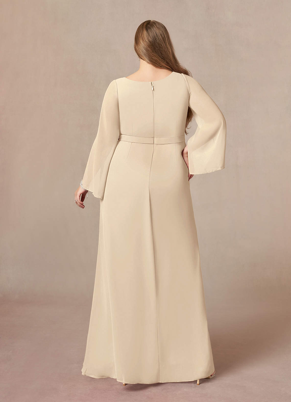 Azazie Belinda Champagne A-Line V-Neck Pleated Chiffon Dress