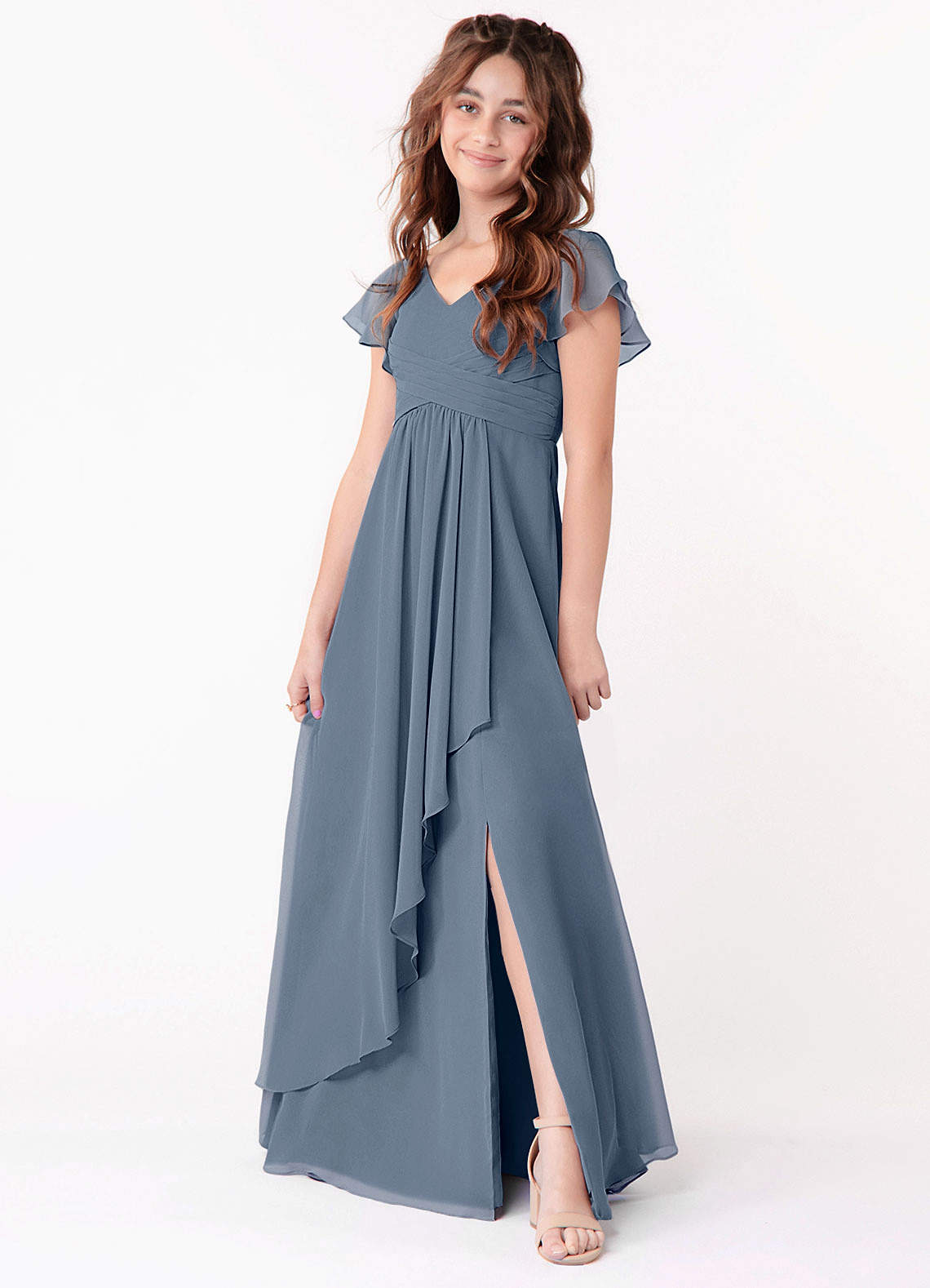 Azazie Omari Junior A-Line Ruched Chiffon Gulv-længde Junior brudepige Kjole image1