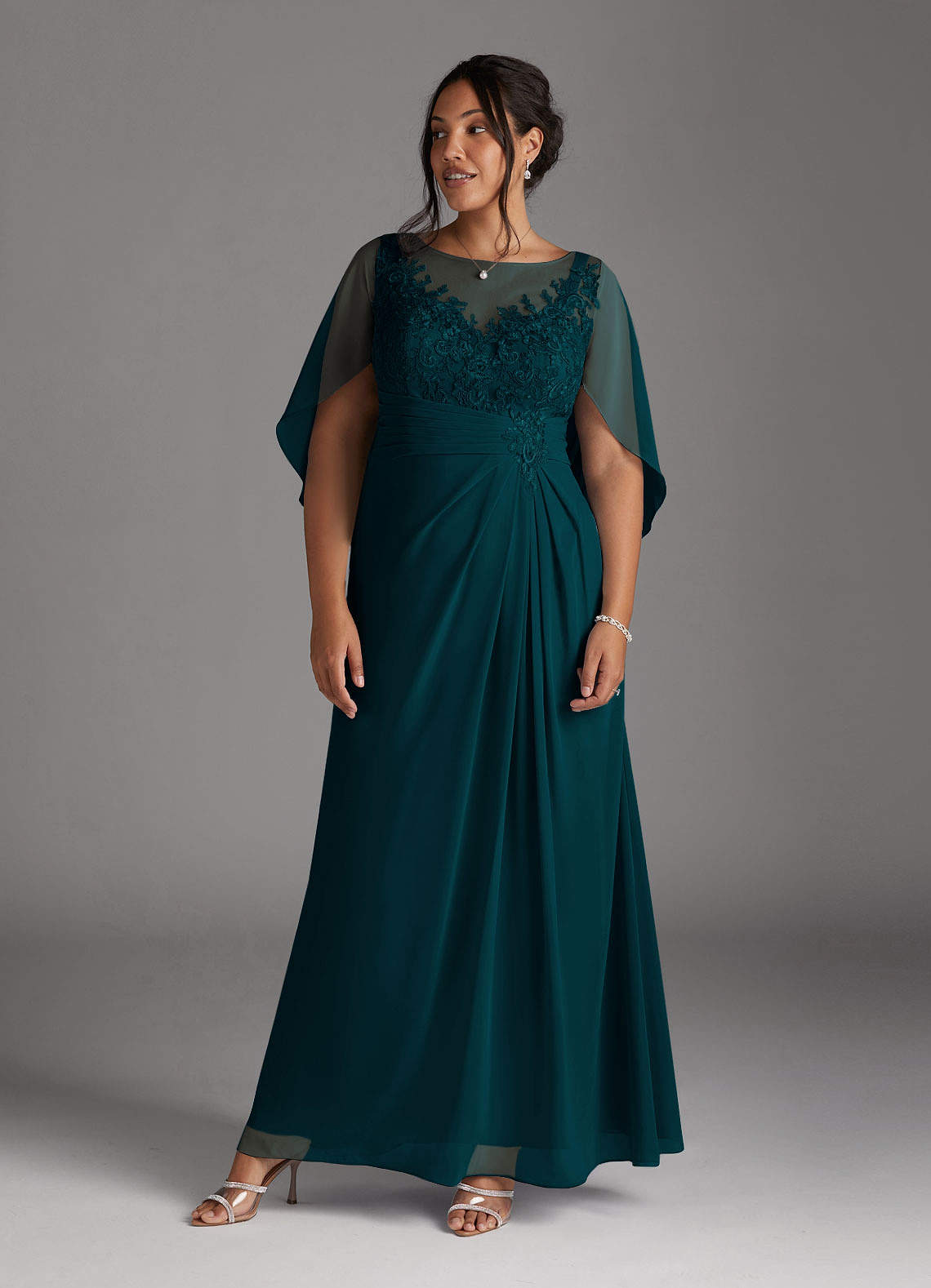 Azazie Hera Mother of the Bride Dresses Pine A-Line Lace Capelet Chiffon Dress image7