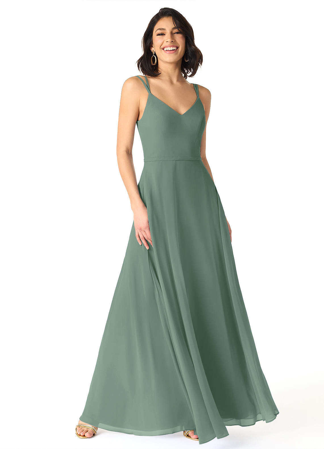 Azazie Janine Bridesmaid Dresses Eucalyptus A-Line V-Neck Chiffon Dress image1