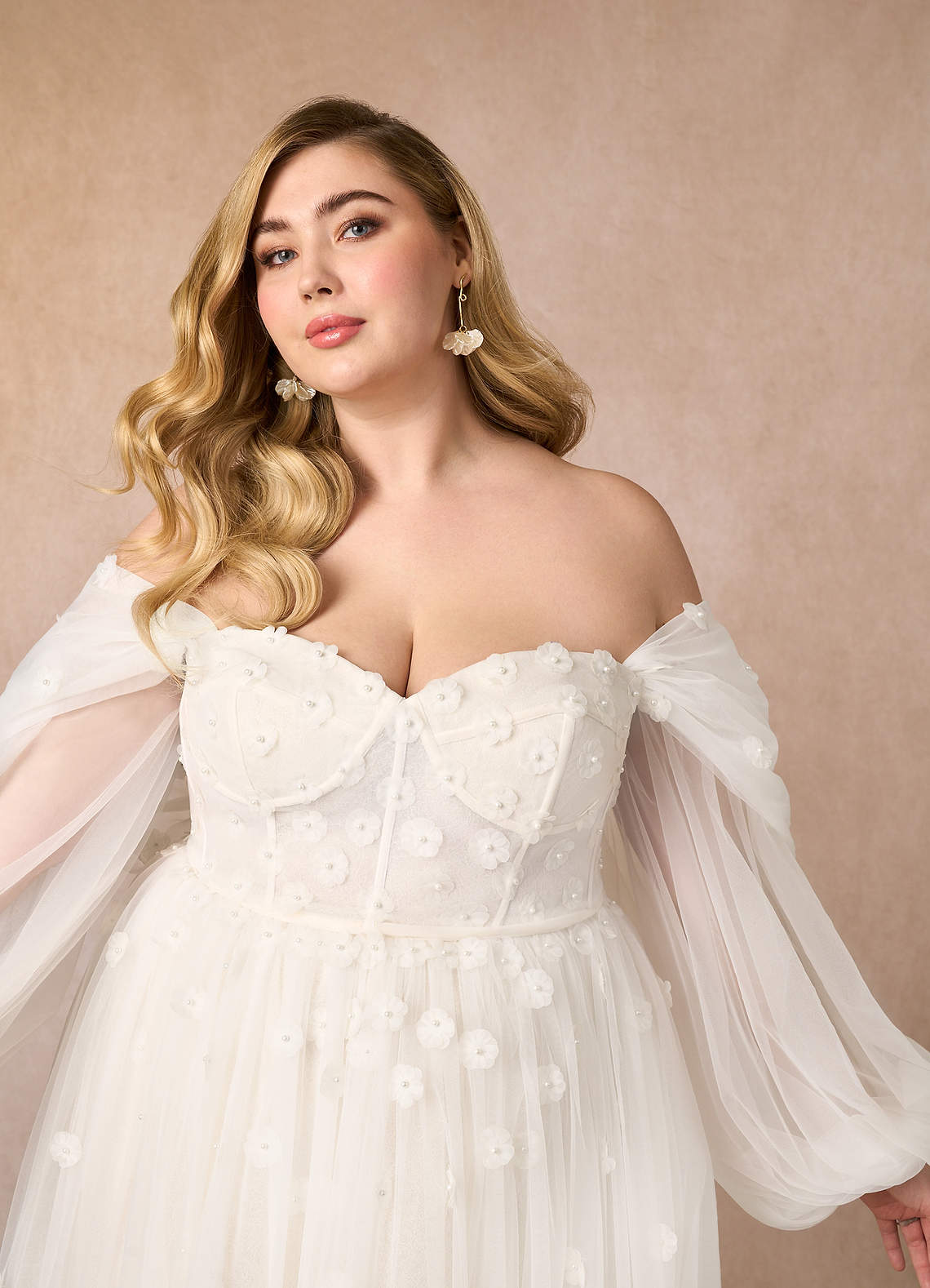 Azazie Airellie At-home Try On Dresses Diamond White Champagne A-Line Off the Shoulder Tulle Dress image12