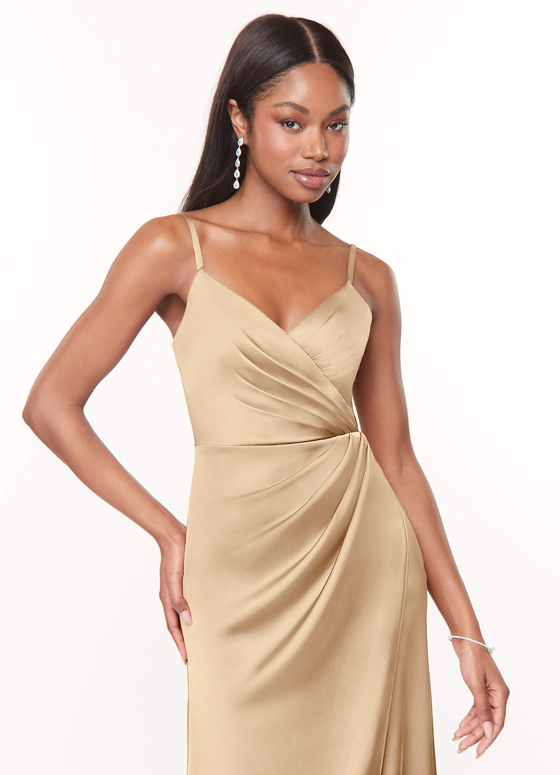 Azazie Maci Bridesmaid Dresses Champagne A-Line V-Neck Pleated Stretch Satin Dress image4