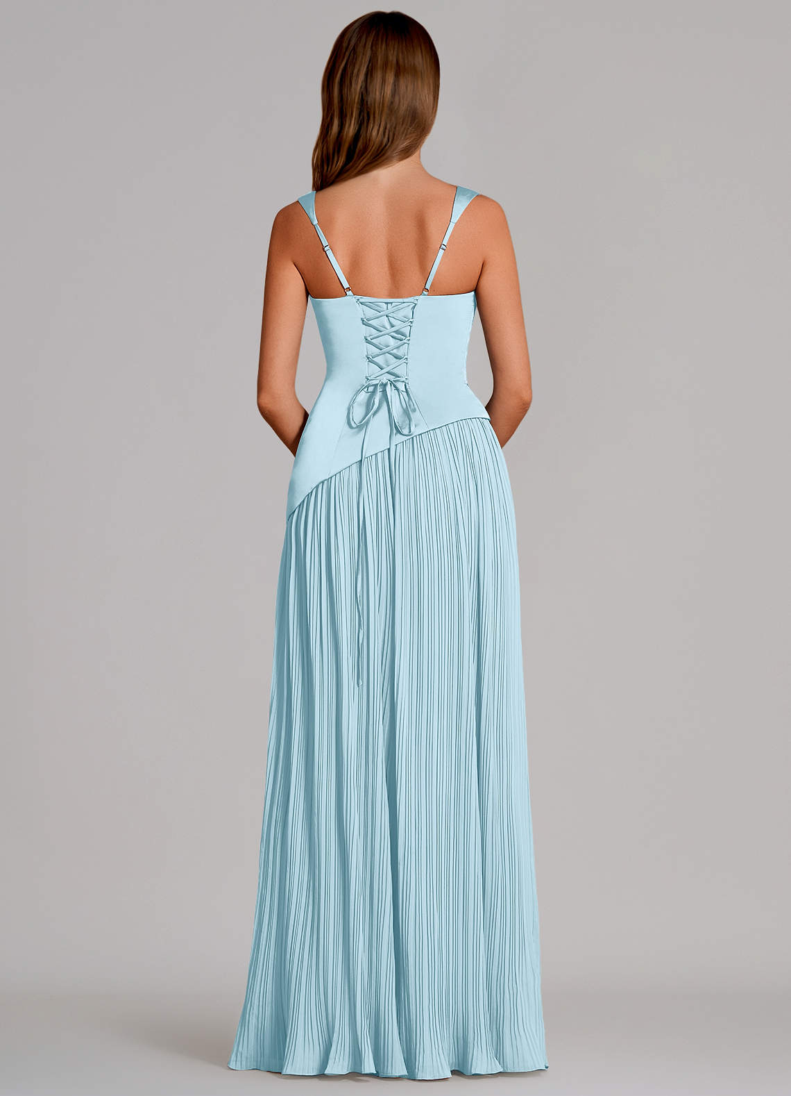 Azazie Stephanie Vestidos de madrinha de casamento Vestido Céu Azul de Cetim elástico de Linha A com Plissado image4