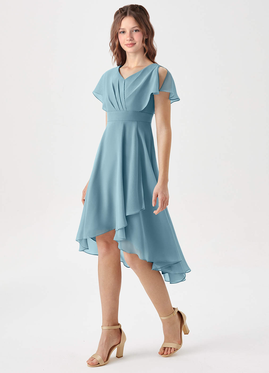 Azazie Graciela Junior Moody Blue A-Line Pleated Chiffon Dress image1