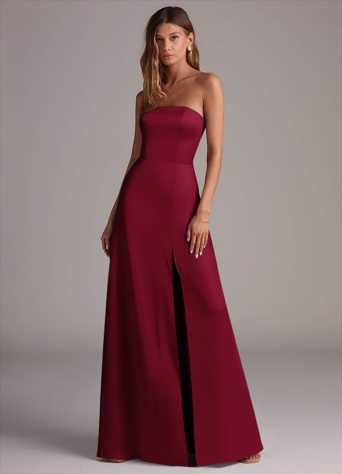 Azazie Wren Bridesmaid Dresses Burgundy A-Line Strapless Stretch Satin Convertible Dress image1