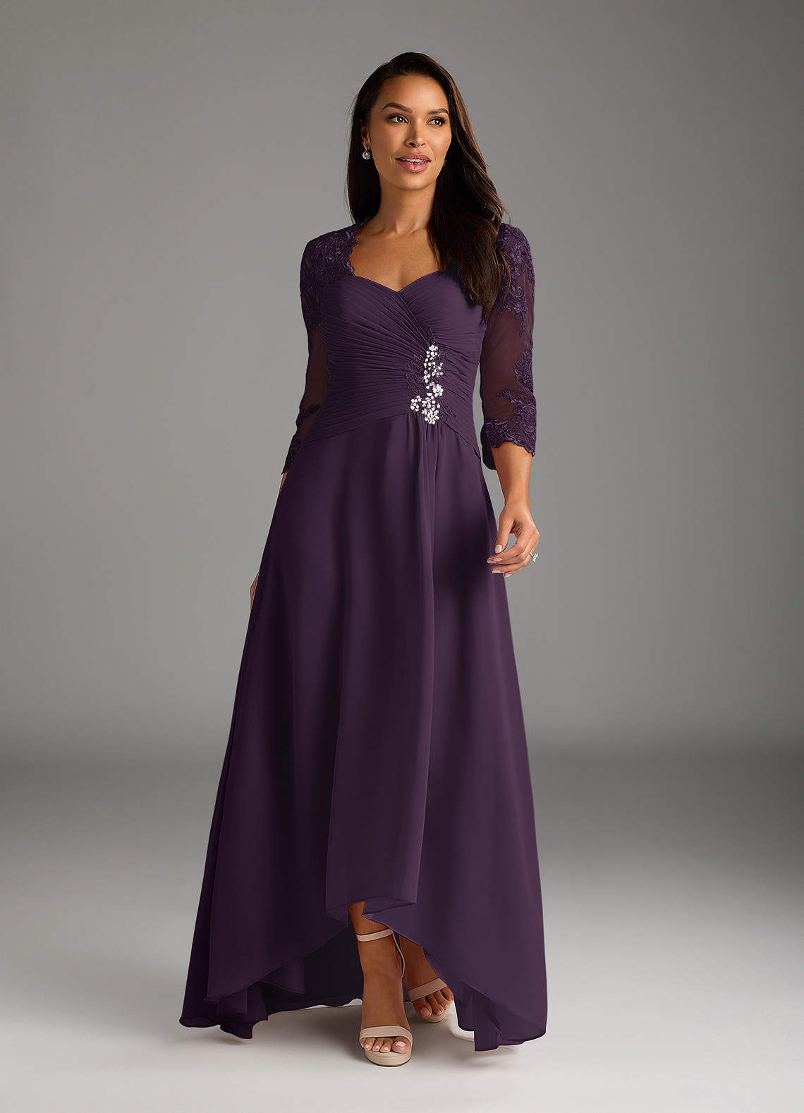 Azazie Devereaux vestidos de madre de la novia Vestido de Ciruela de Gasa de Corte En A con Encaje image1
