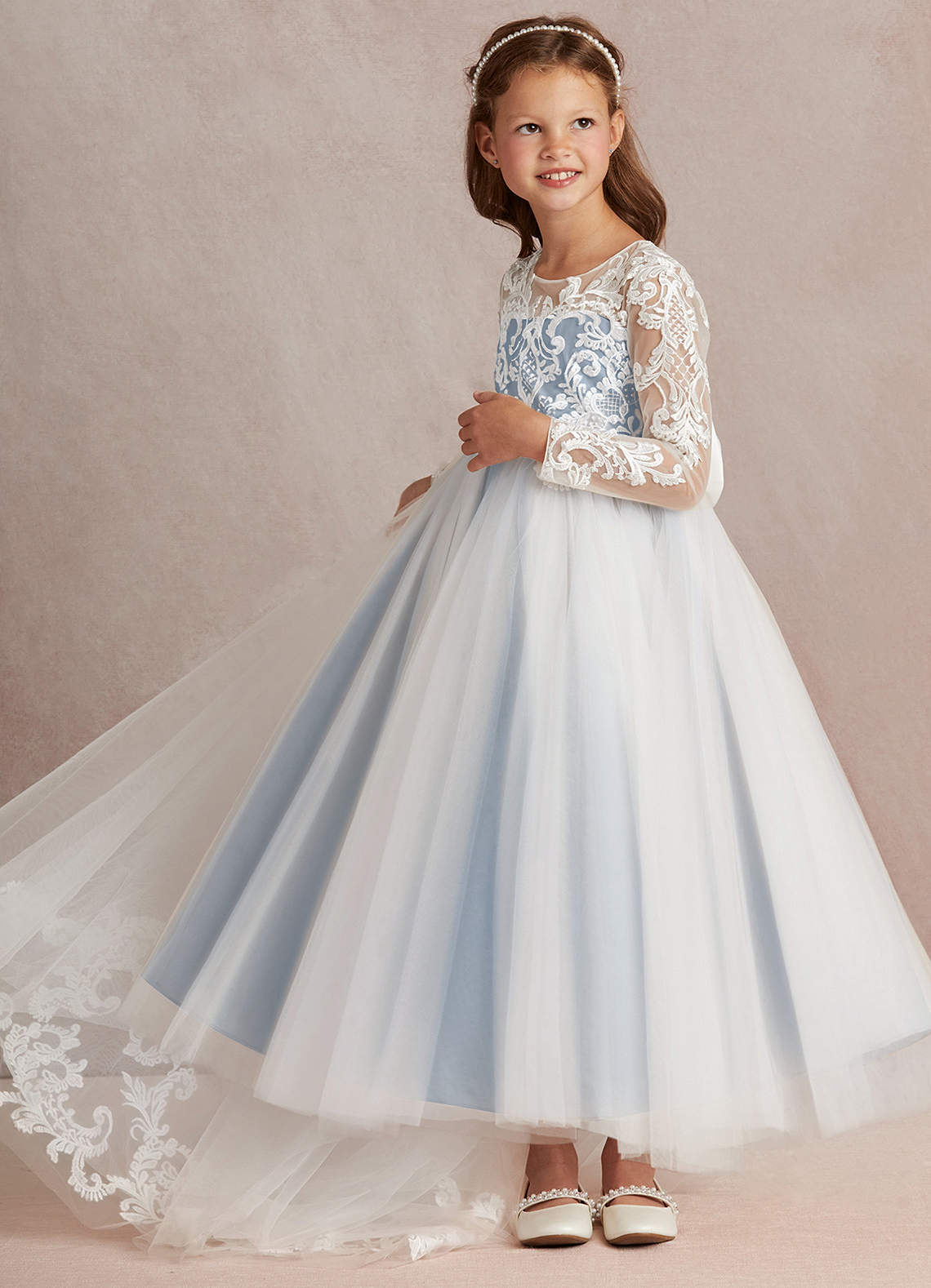 Azazie Elodie Robe Demoiselle D'honneur Fillette Robe Princesse en Dentelle Ivoire Bleu Poudré image4