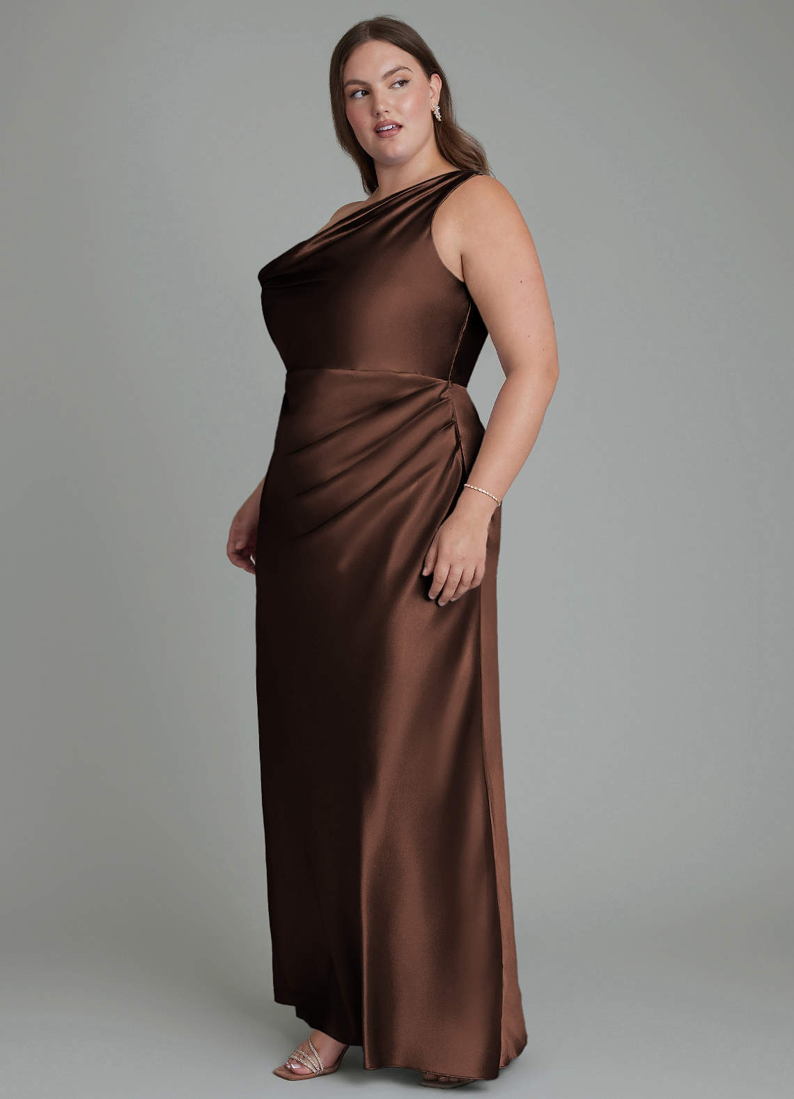 Azazie Emerson Bridesmaid Dresses Ganache Mermaid Off the Shoulder Metallic Satin Dress image9