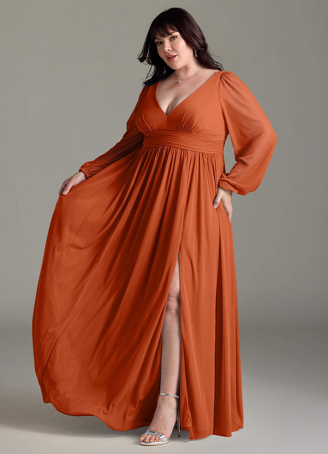 Azazie Norah Bridesmaid Dresses Burnt Orange A-Line V-Neck Long Sleeve Chiffon Dress image9