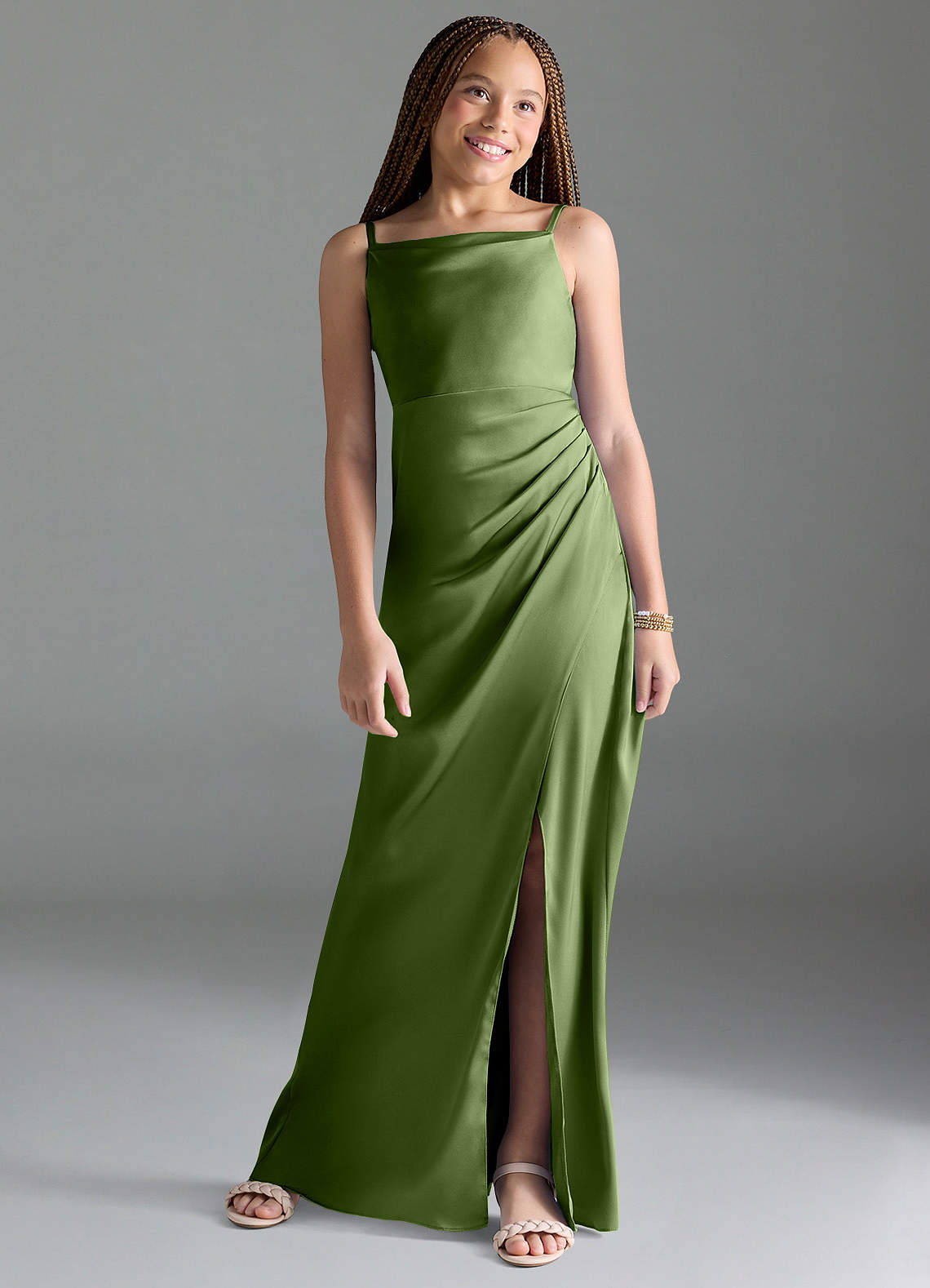 Azazie Leonis Junior Juniper A-Line Pleated Stretch Satin Dress image1