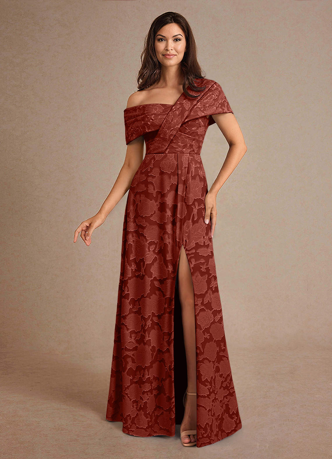 Terracota Azazie Milton Vestido de Terracota de Devorado Floral de Corte en  A con Plisado vestidos de madre de la novia | Azazie ES, image size:1140x1578
