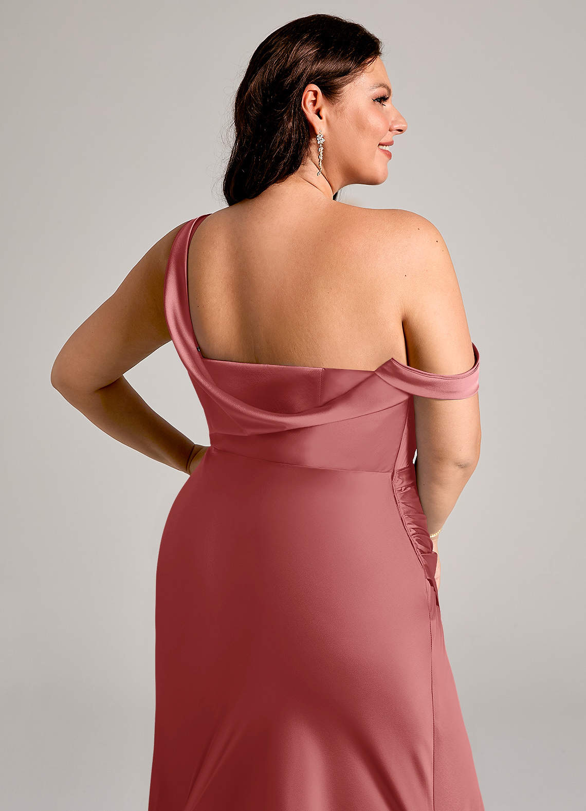 Azazie Madelyn At-home Try On Dresses Agave Mermaid One Shoulder Stretch Satin Convertible Dress image12