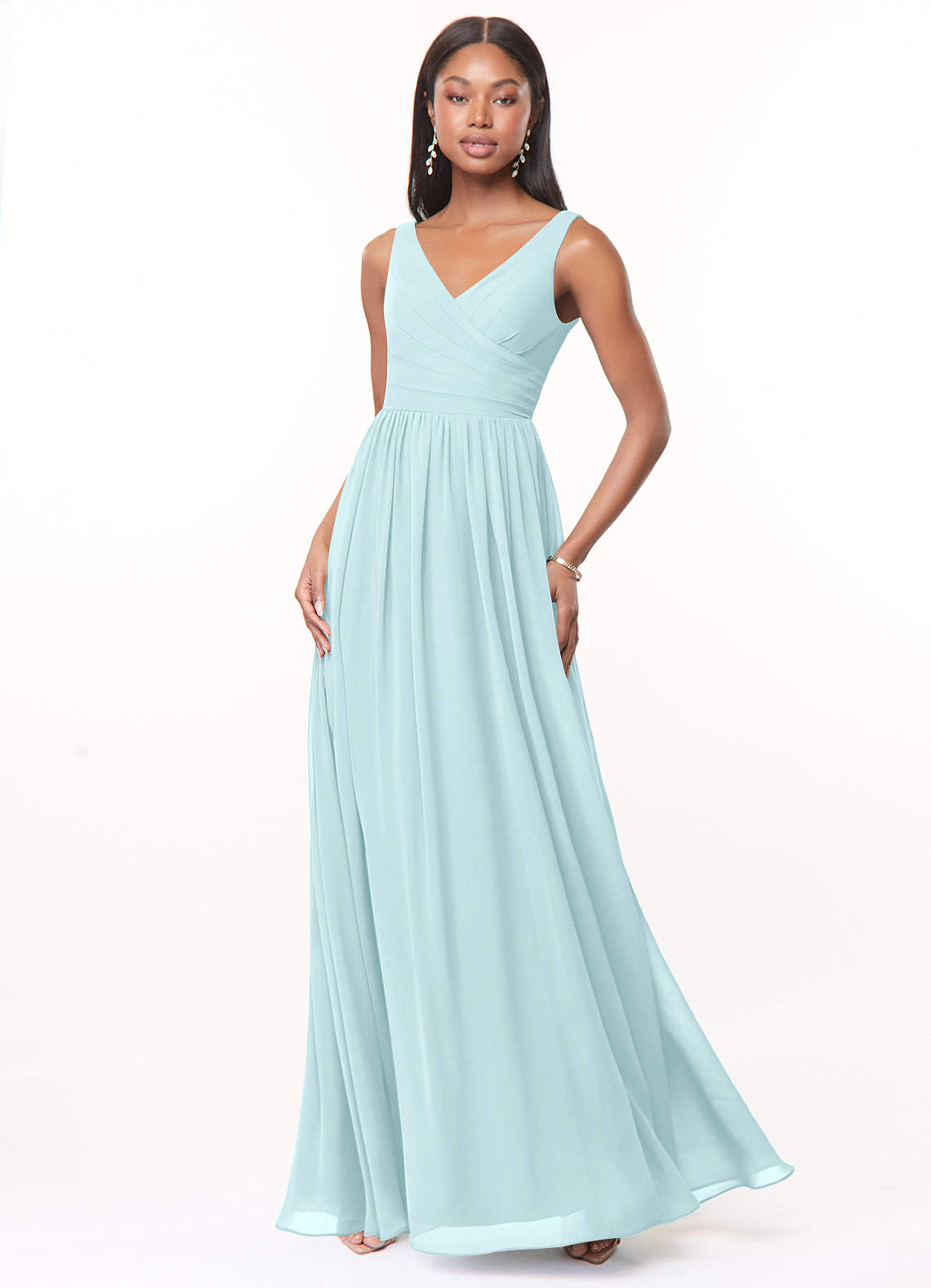 Azazie Keyla Bridesmaid Dresses Sea Glass A-Line V-Neck Pleated Chiffon Dress image1