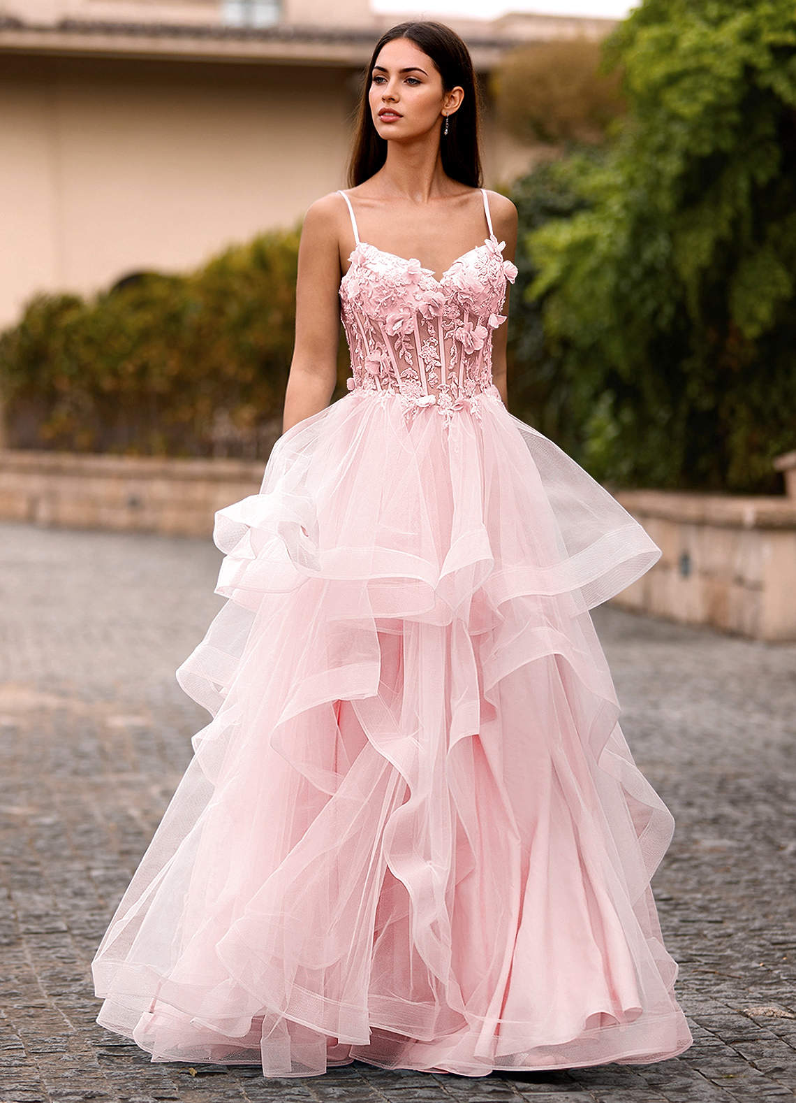 ruffle prom dress Stacees 2026 Ball Gown Celadon Appliqued Beading Ruffles This gorgeous gown Azazie Blushing Pink A-Line Floor-Length