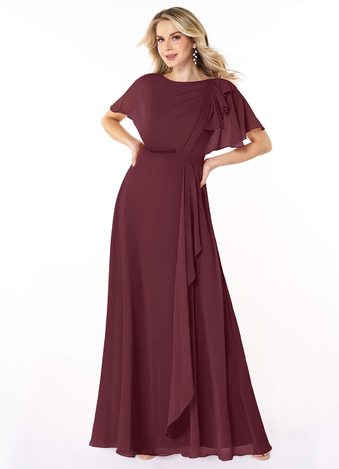 Azazie Aaliyah Bescheiden Bruidsmeisjekleding A-Lijn Bocht Gevouwen Chiffon Vloerlengte Jurk image1