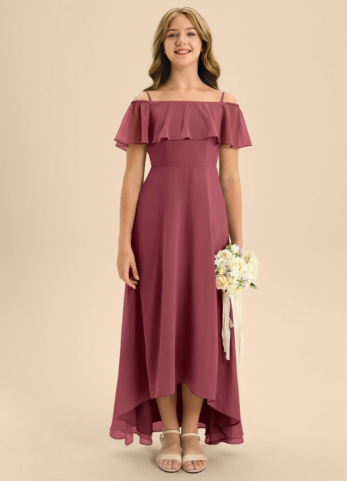 Azazie Maggie Junior Merlot A-Line Off the Shoulder Chiffon Dress image1