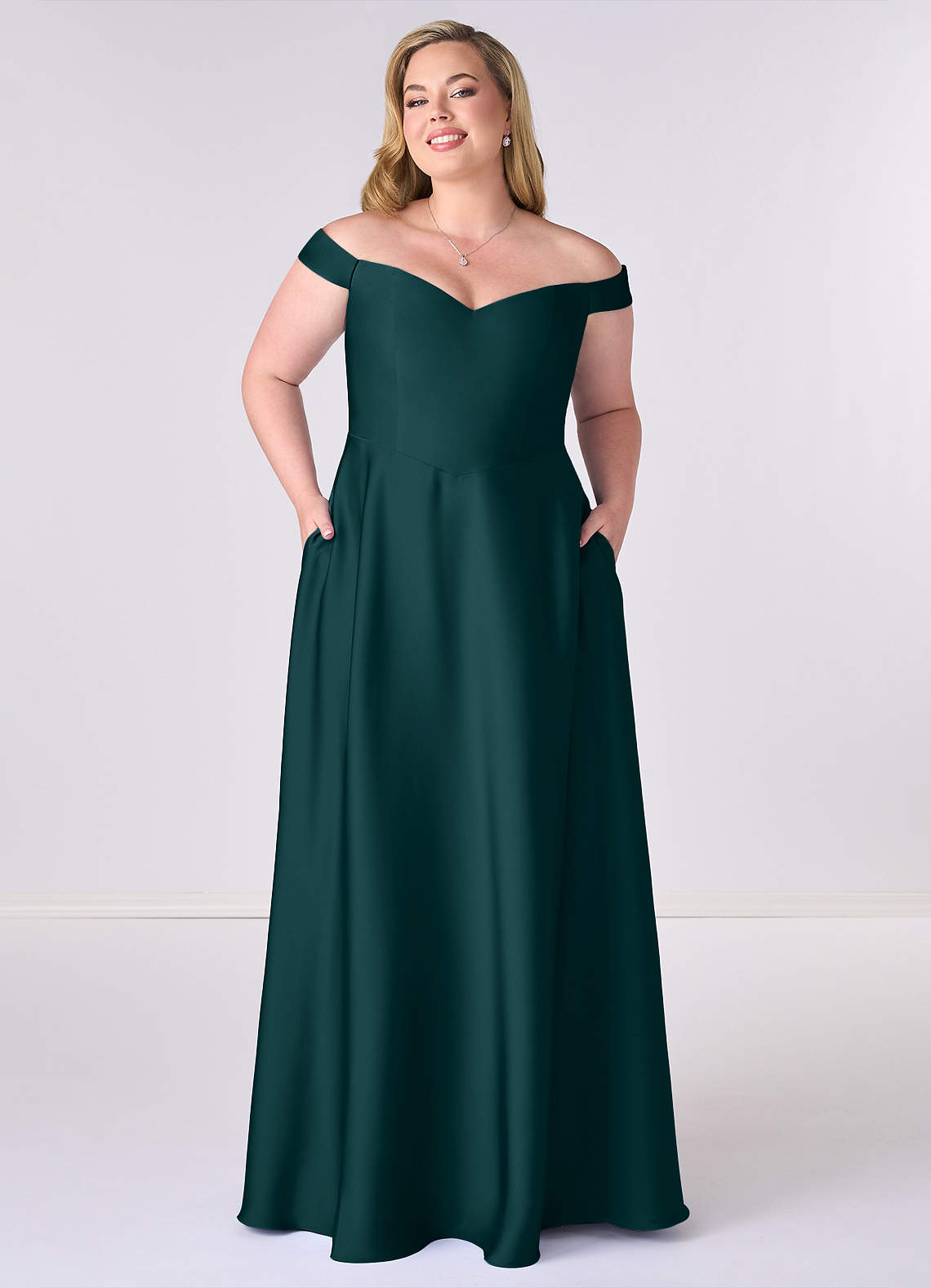 Barbie ♥ Azazie Final Sale Pine A-Line Off the Shoulder Stretch Satin Convertible Dress image1