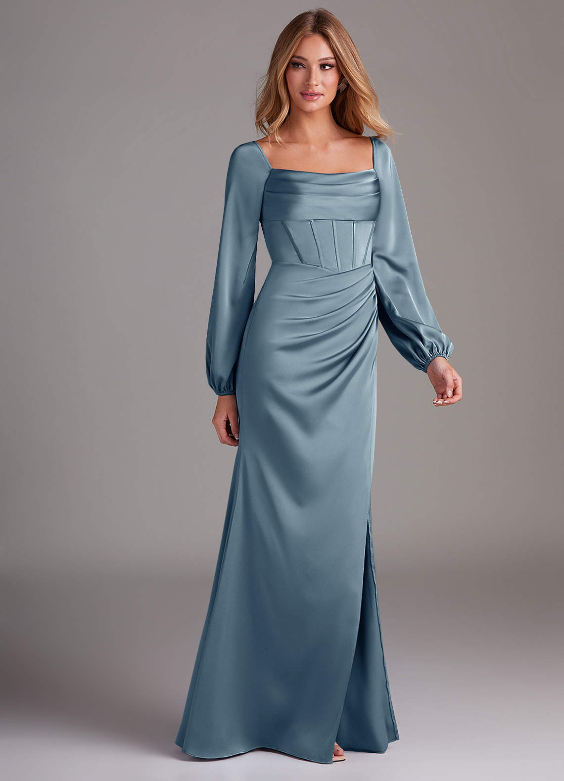 Azazie Charissa At-home Try On Dresses Dusty Blue Sheath Long Sleeve Stretch Satin Dress image5