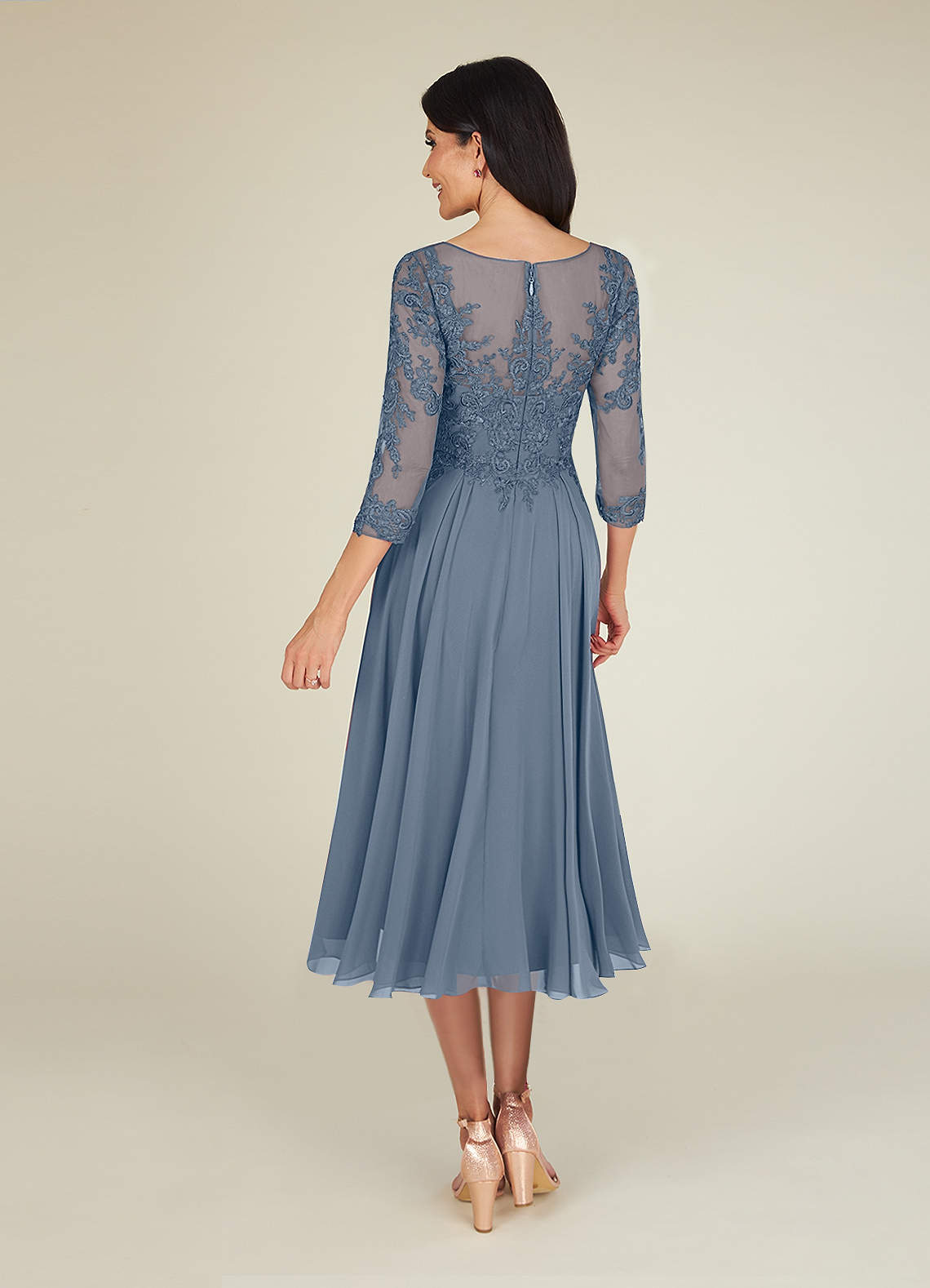 A-Line Lace Applique Chiffon Tea-Length Dress Ocean Blue