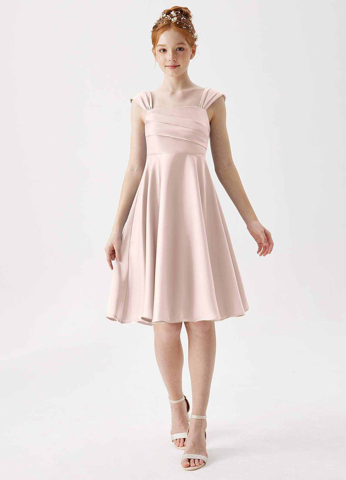 Azazie Amira Junior Blushing Pink A-Line Pleated Stretch Satin Dress image1