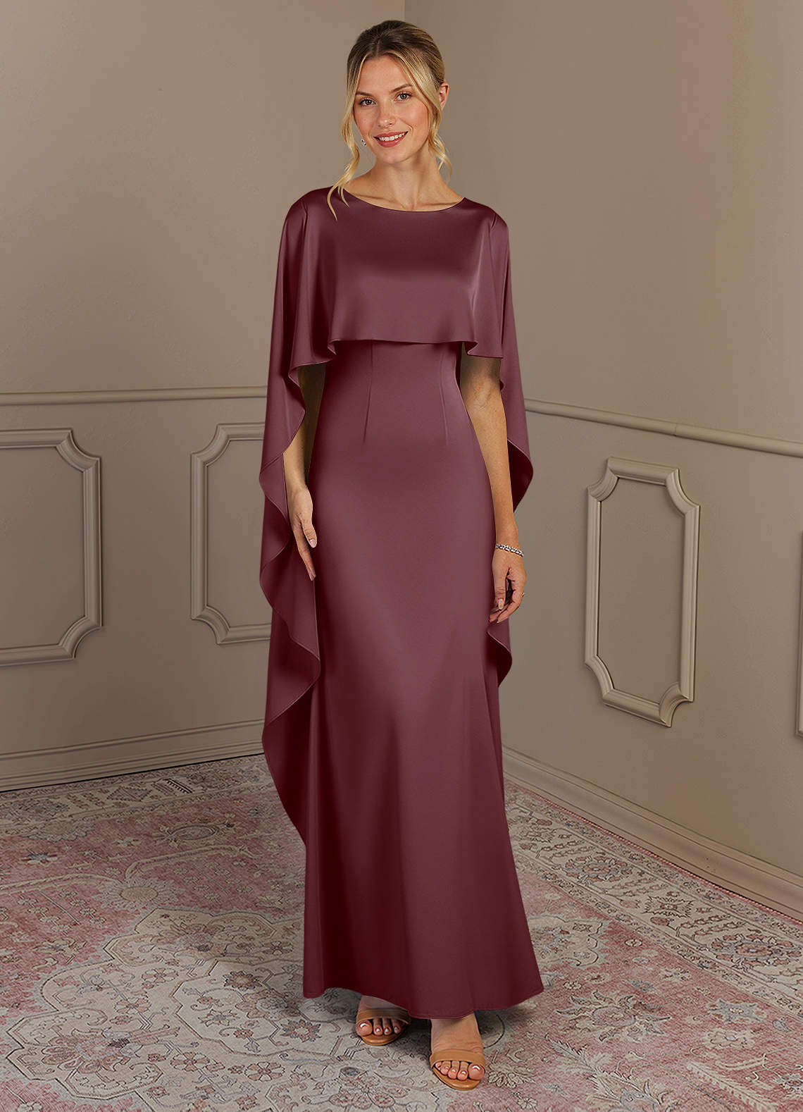 Azazie Eli Mother of the Bride Dresses Sangria Sheath Boatneck Stretch Satin Dress image1
