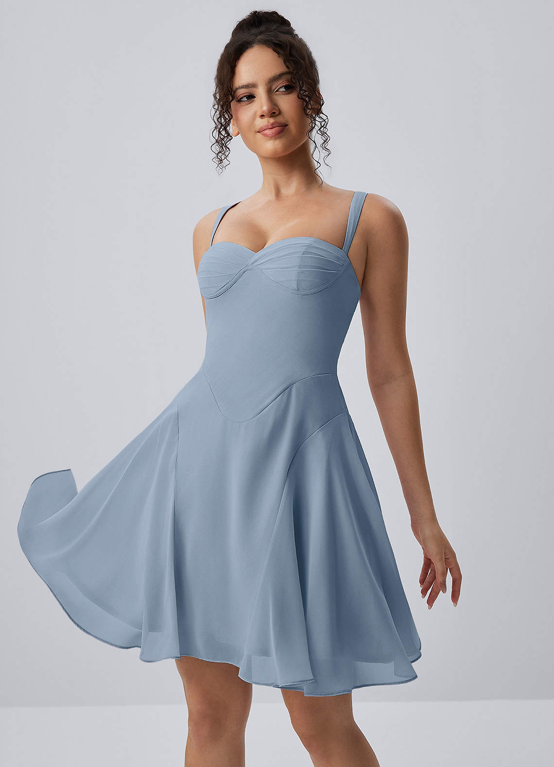 Isadora Dusty Blue Spaghetti Strap Chiffon Lace-Up Skater Mini Dress