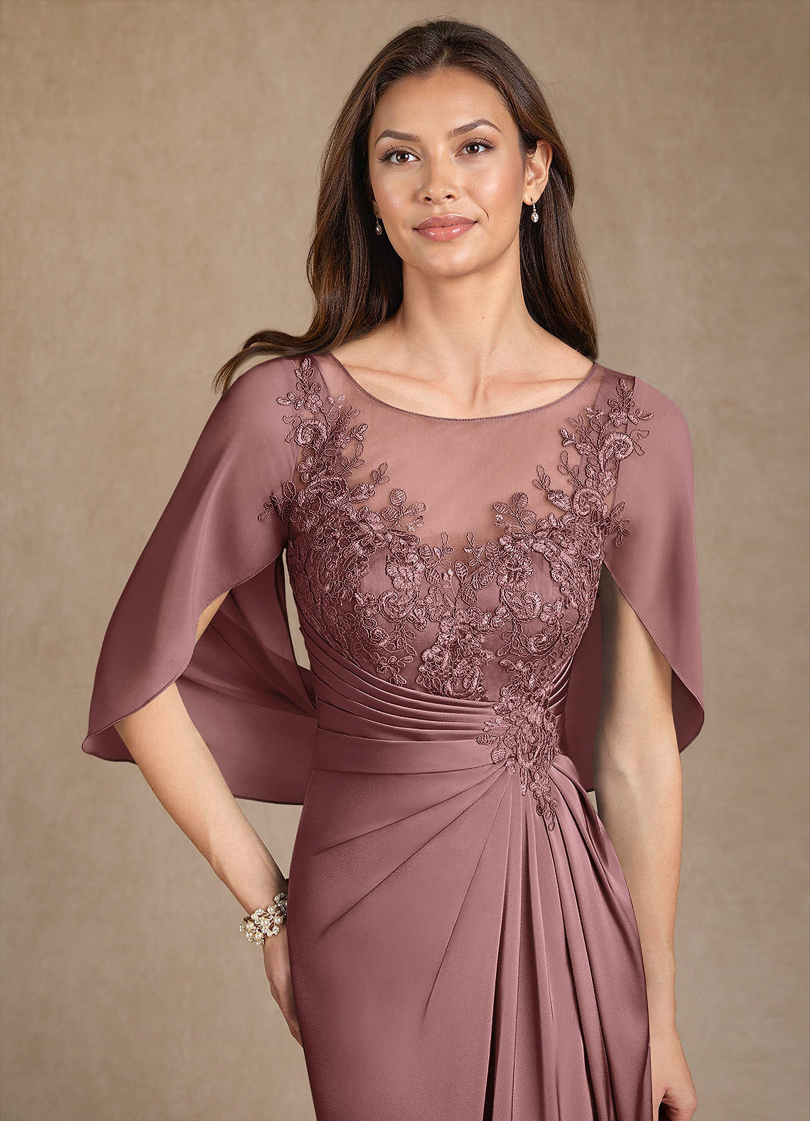 Azazie Hera Mother of the Bride Dresses Vintage Mauve A-Line Lace Stretch Satin Dress image4