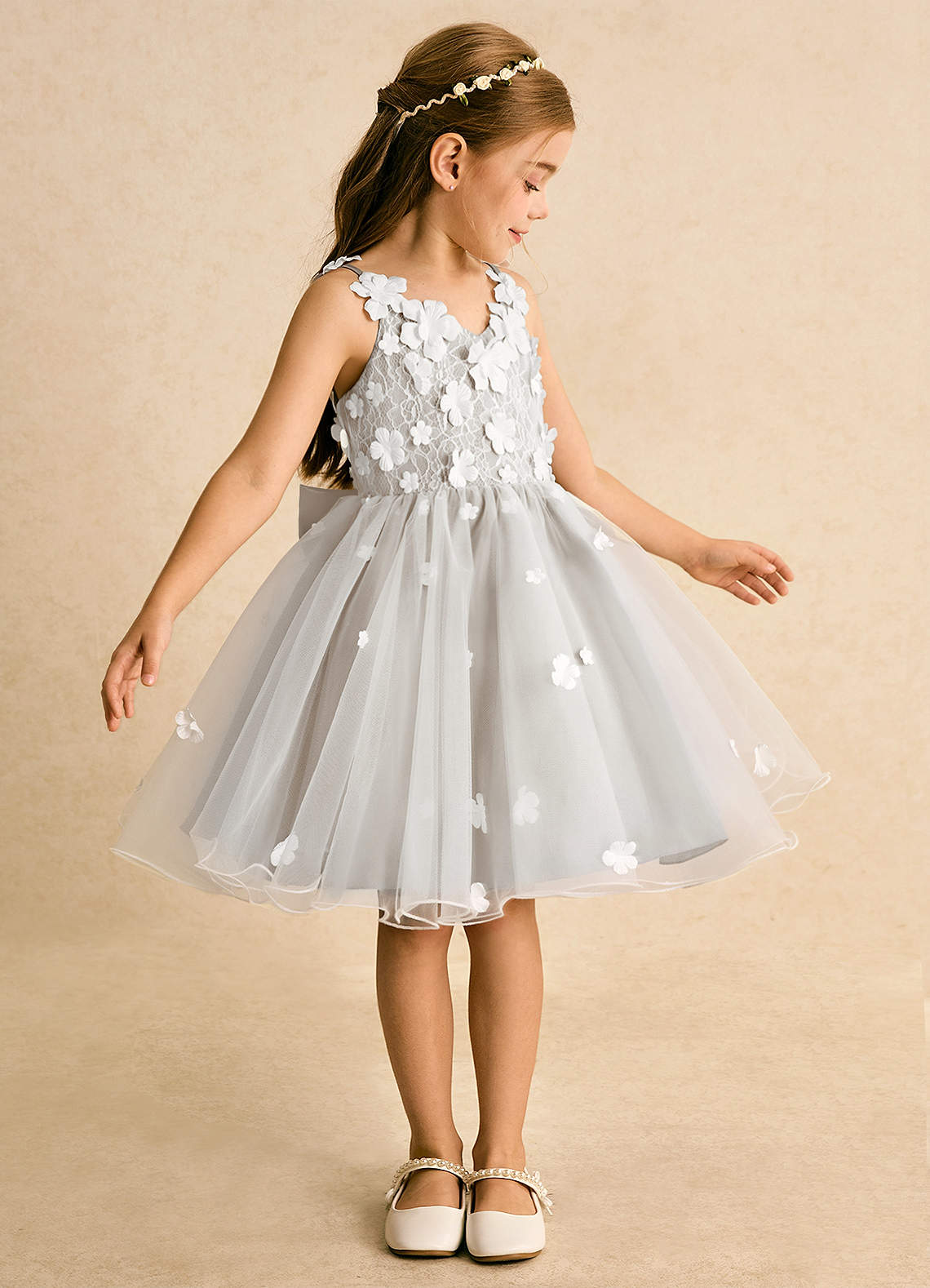 Azazie Junebug Robe Demoiselle D'honneur Fillette Robe Princesse en Tulle Dentelle Ivoire Givre image3