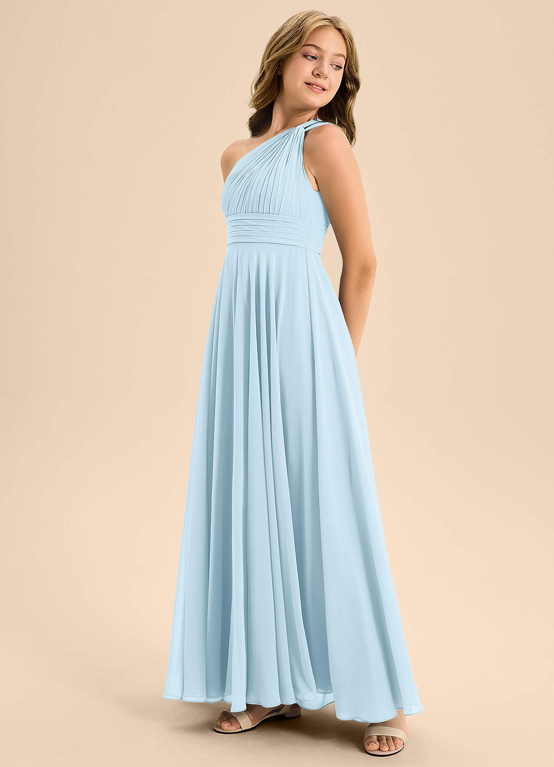 Azazie Charlize Junior Abito A-Line in Chiffon Plissettato Azzurro image3