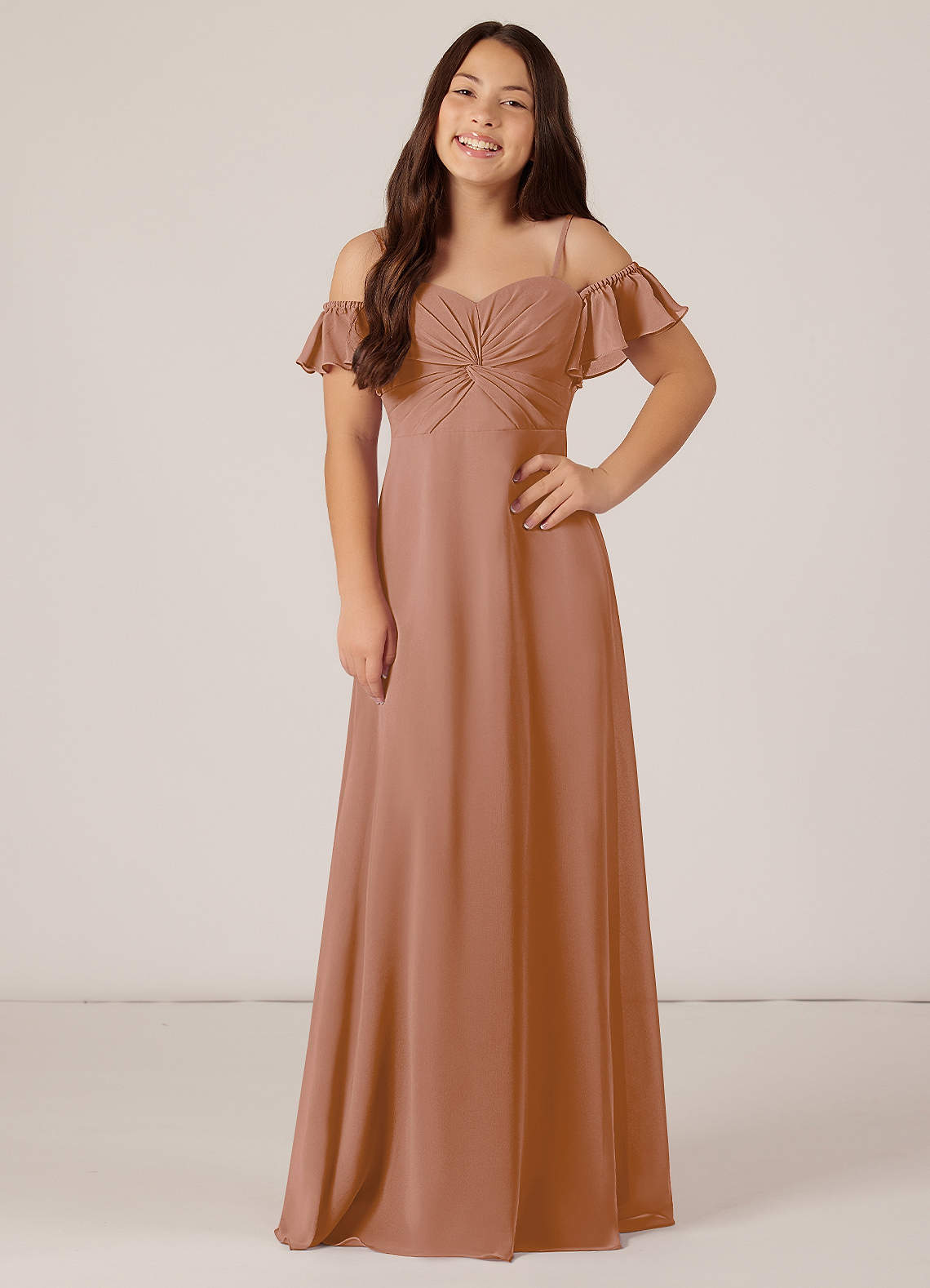 Azazie Juna Junior Robe Trapèze en Mousseline de soie Épaule décolletée Champagne Rosé image1