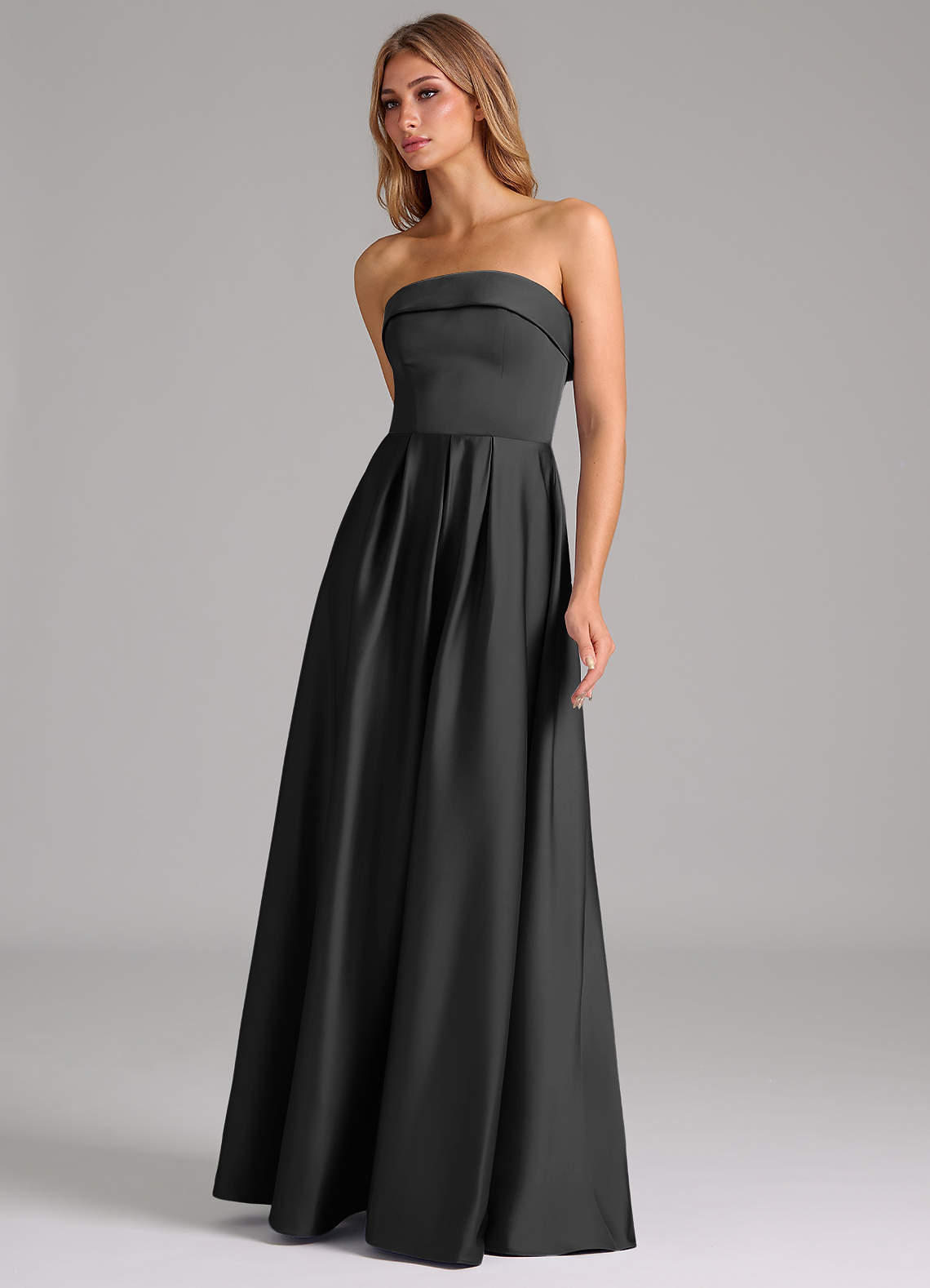 Azazie Lucienne Bridesmaid Dresses Black A-Line Strapless Stretch Satin Convertible Dress image5