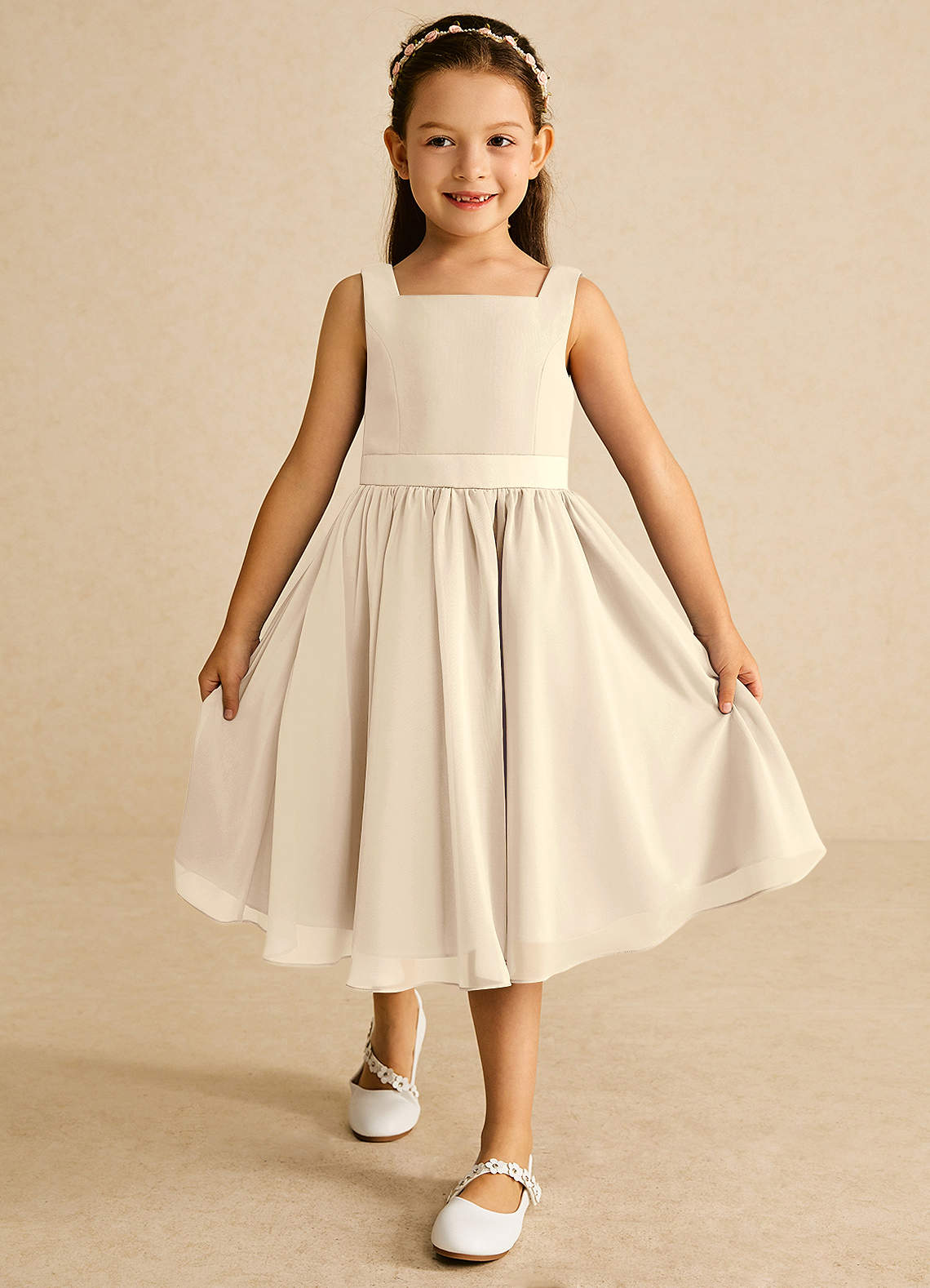 Azazie Ari Flower Girl Dresses Champagne A-Line Sleeveless Chiffon Dress image1